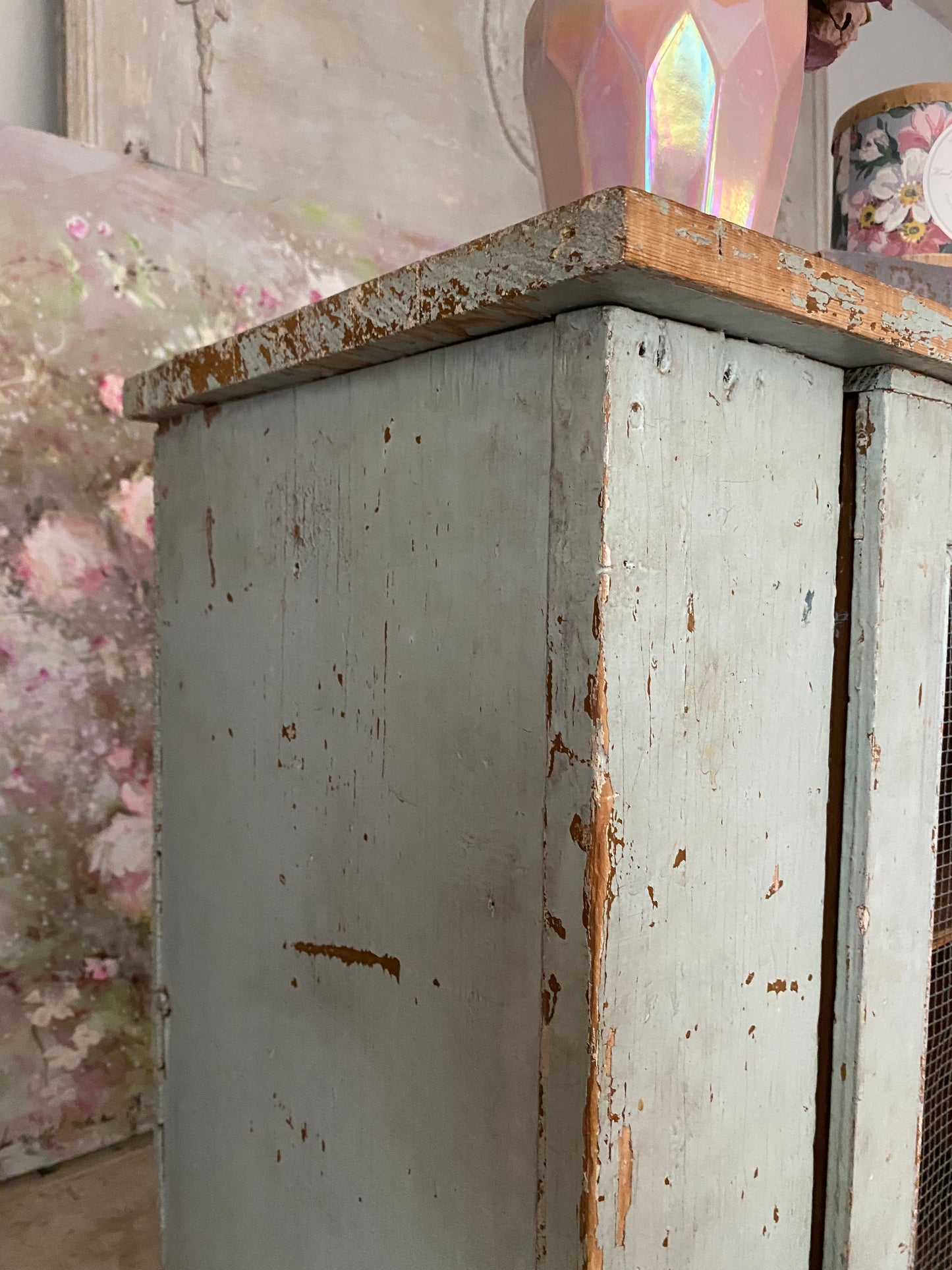 Antique Original Chippy Pale Blue Shabby Chic Cabinet Pie Safe