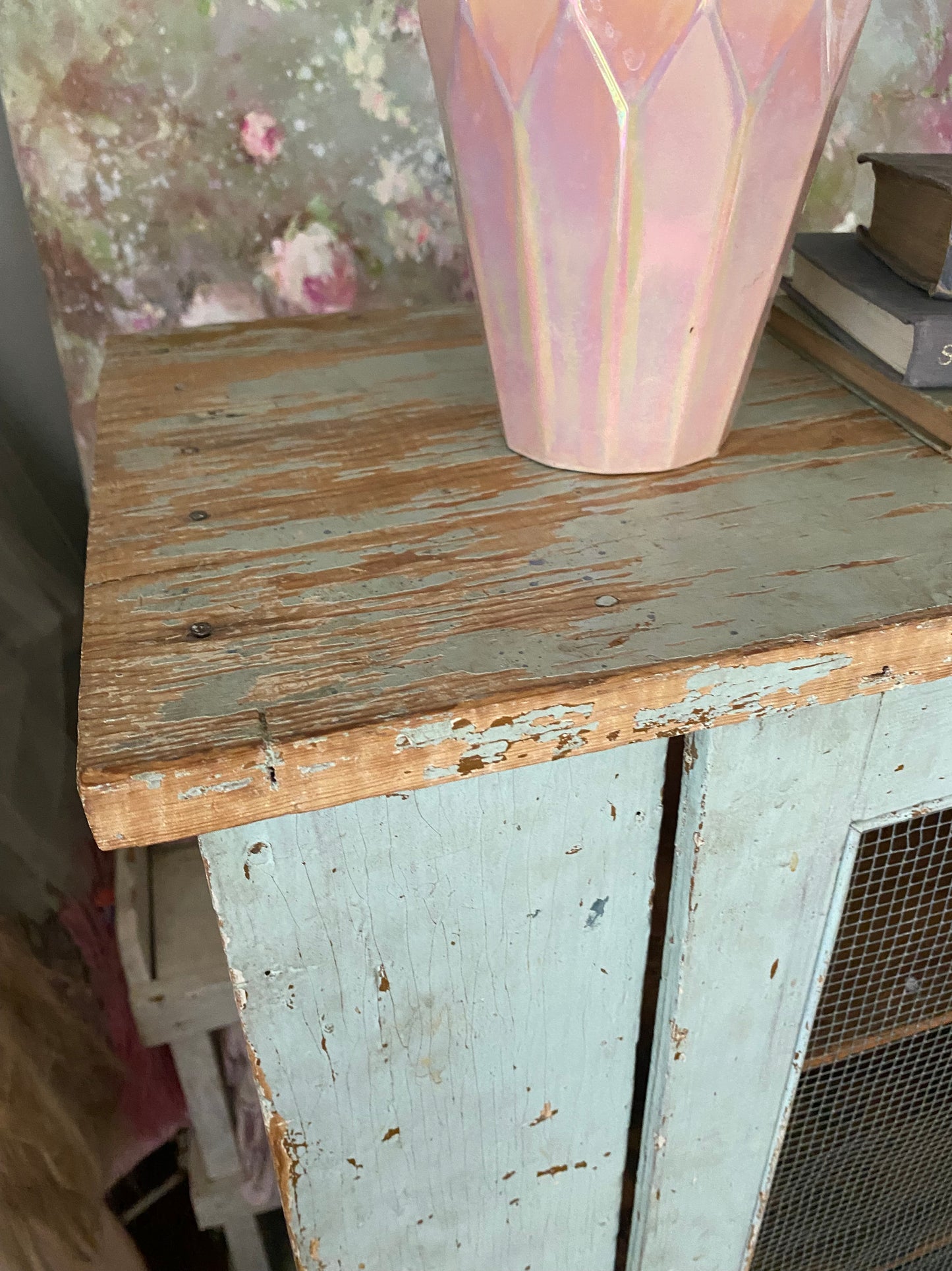 Antique Original Chippy Pale Blue Shabby Chic Cabinet Pie Safe