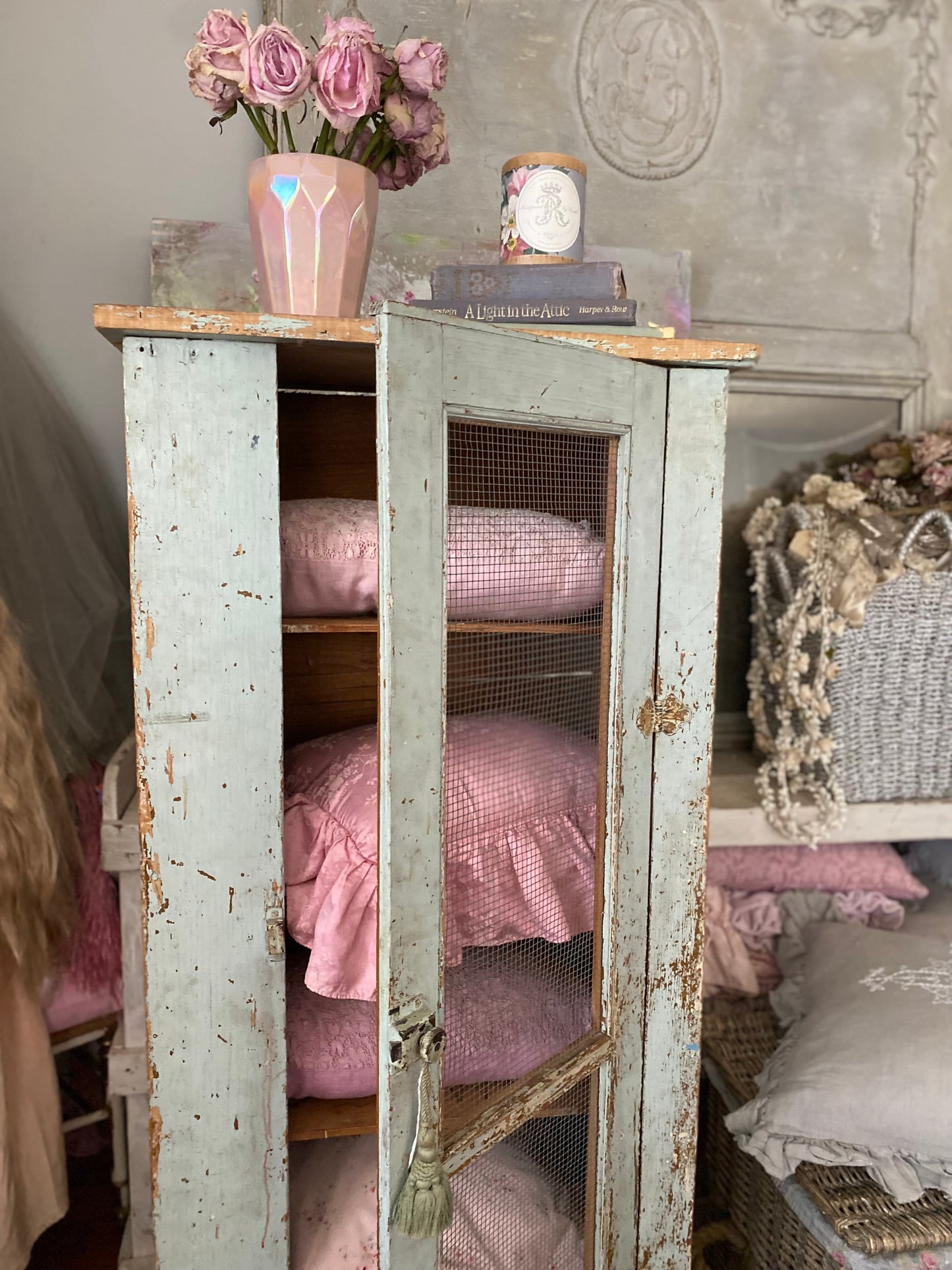 Antique Original Chippy Pale Blue Shabby Chic Cabinet Pie Safe
