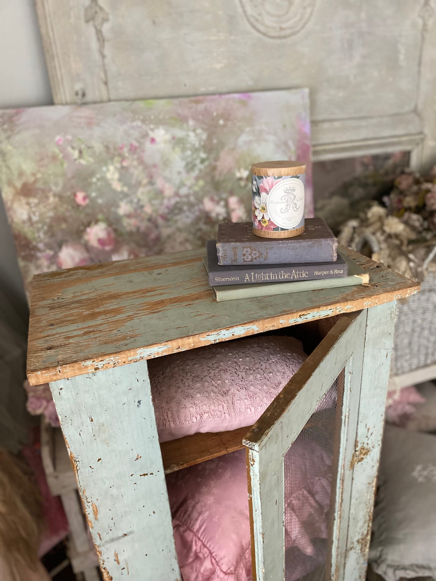 Antique Original Chippy Pale Blue Shabby Chic Cabinet Pie Safe