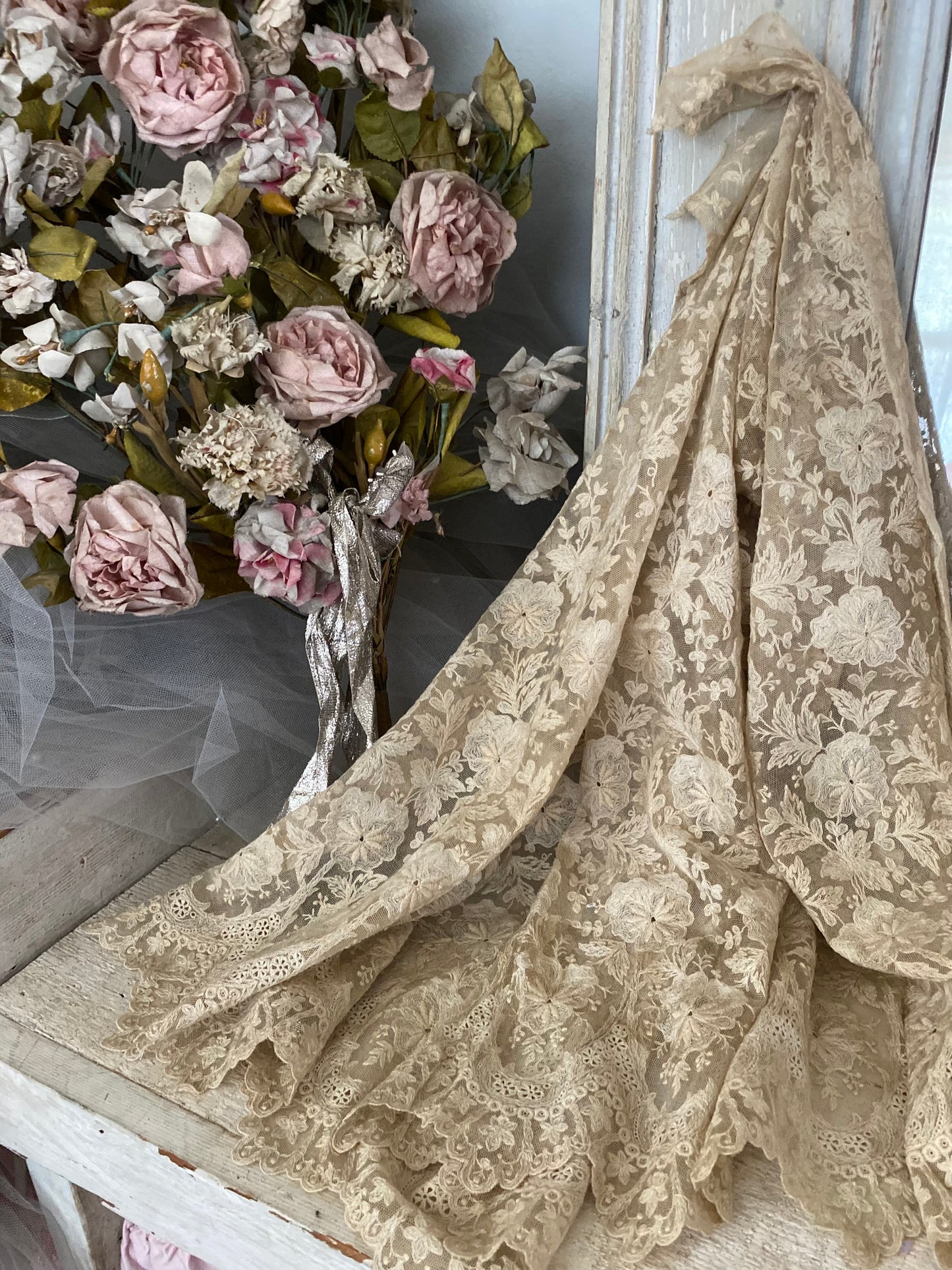 RARE Antique Intricate Lace Floral Panel