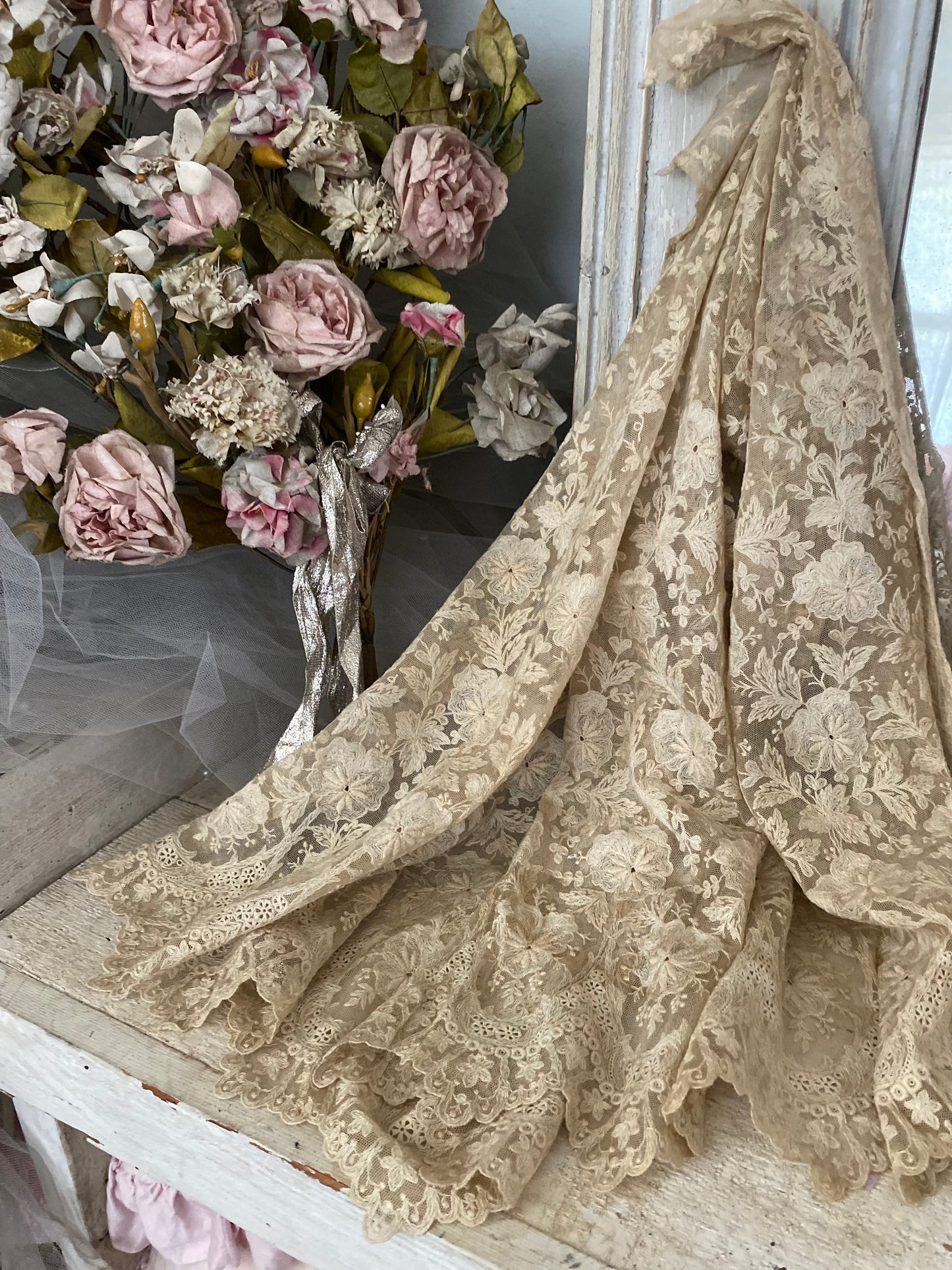 RARE Antique Intricate Lace Floral Panel