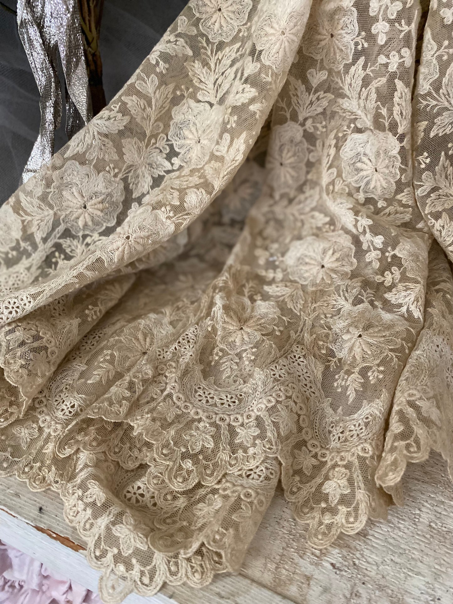 RARE Antique Intricate Lace Floral Panel