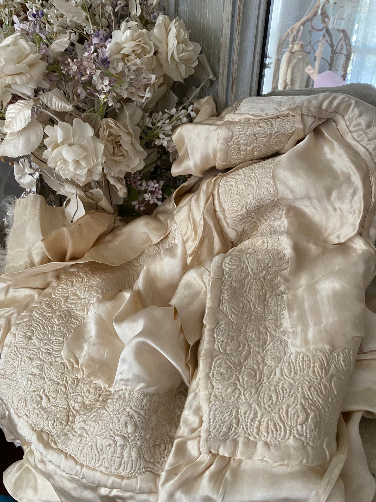 Antique Silk Baby Crib Christening Blanket