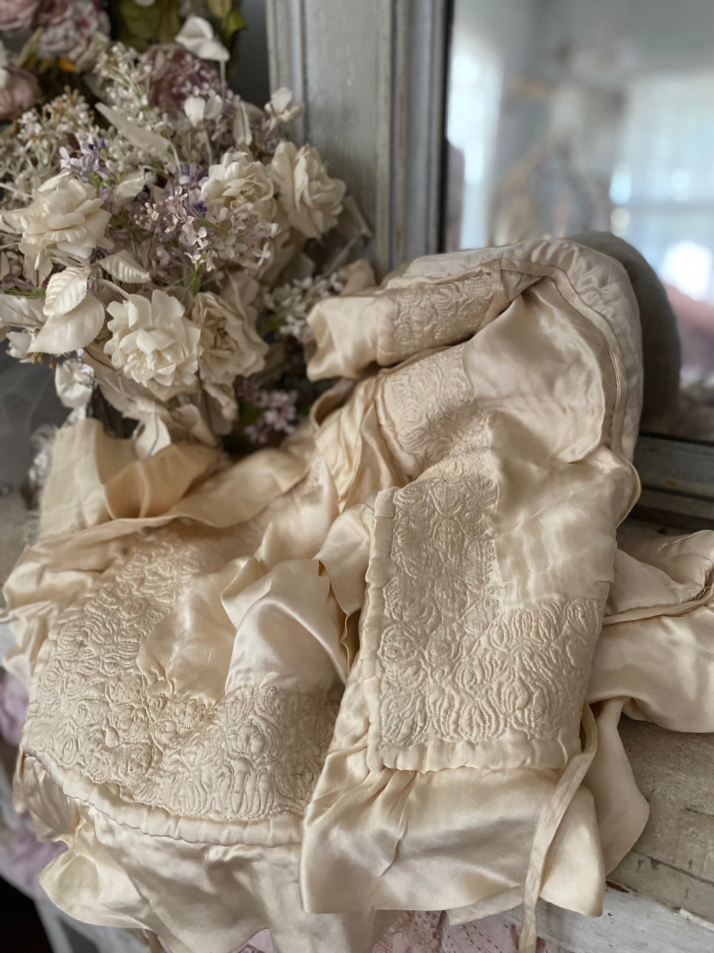 Antique Silk Baby Crib Christening Blanket