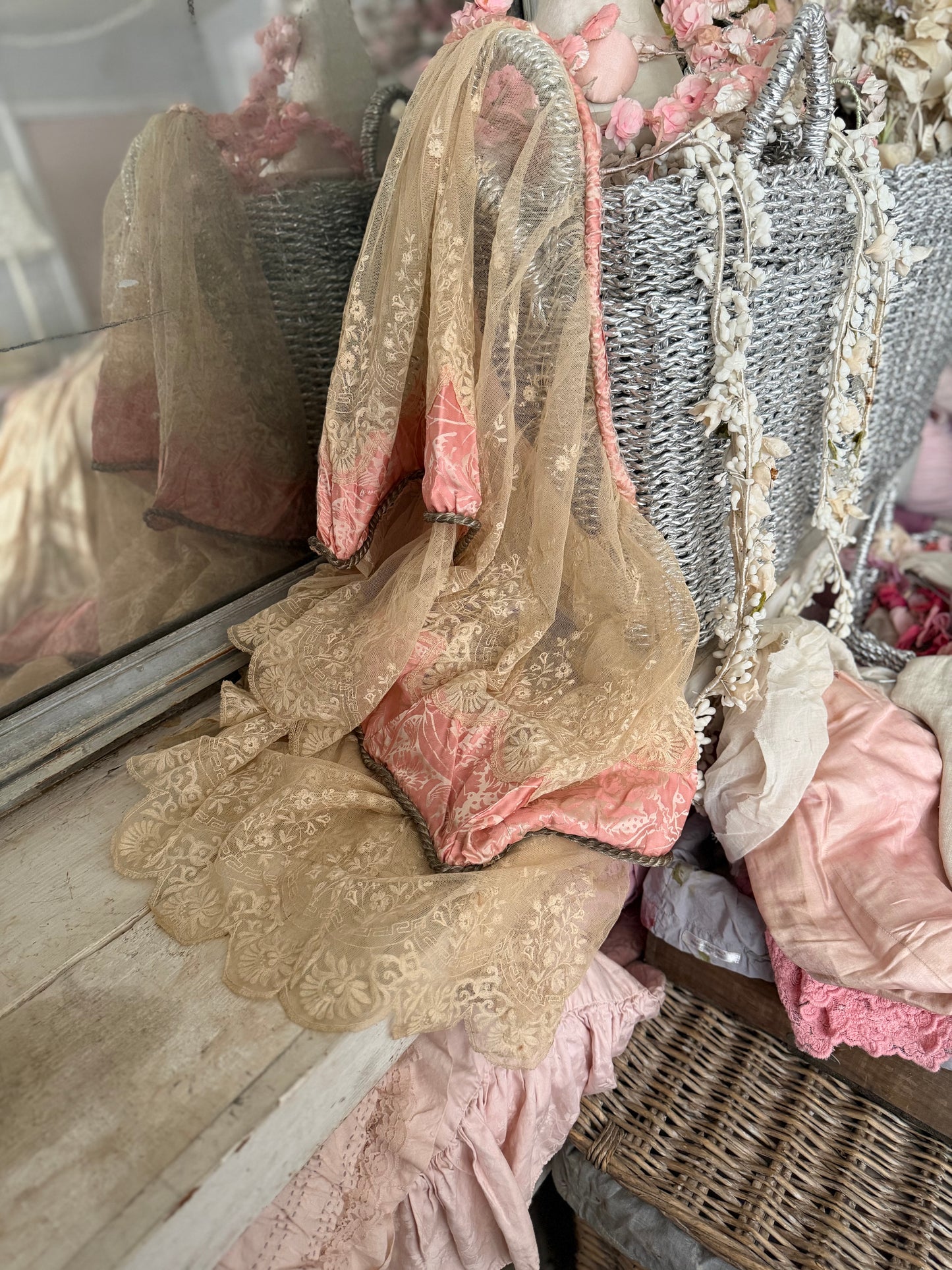 Antique Pink Silk Lace Skirt Silver Passementerie Rope