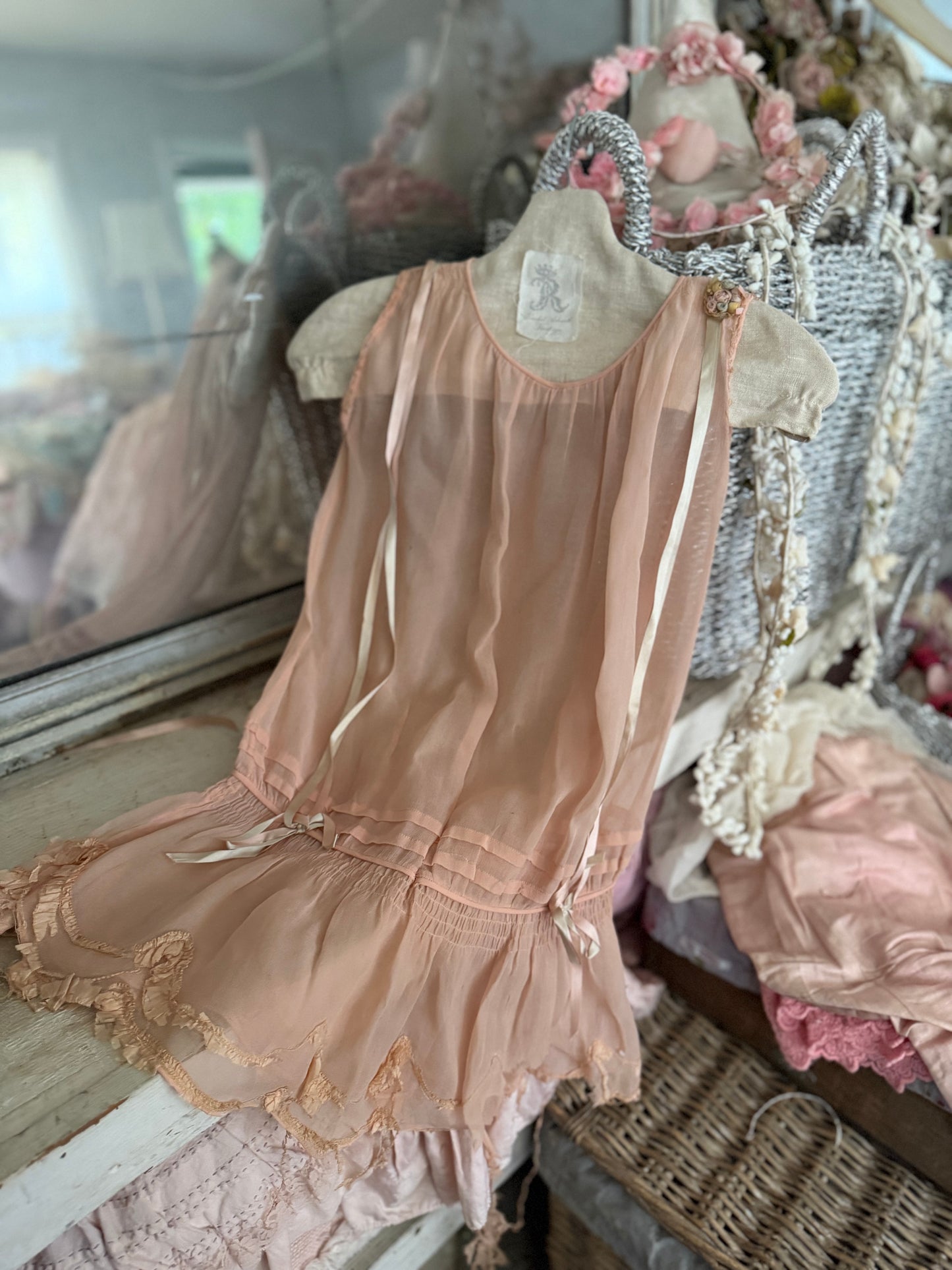 Antique 1920s Pink Ribbonwork Girls Dress