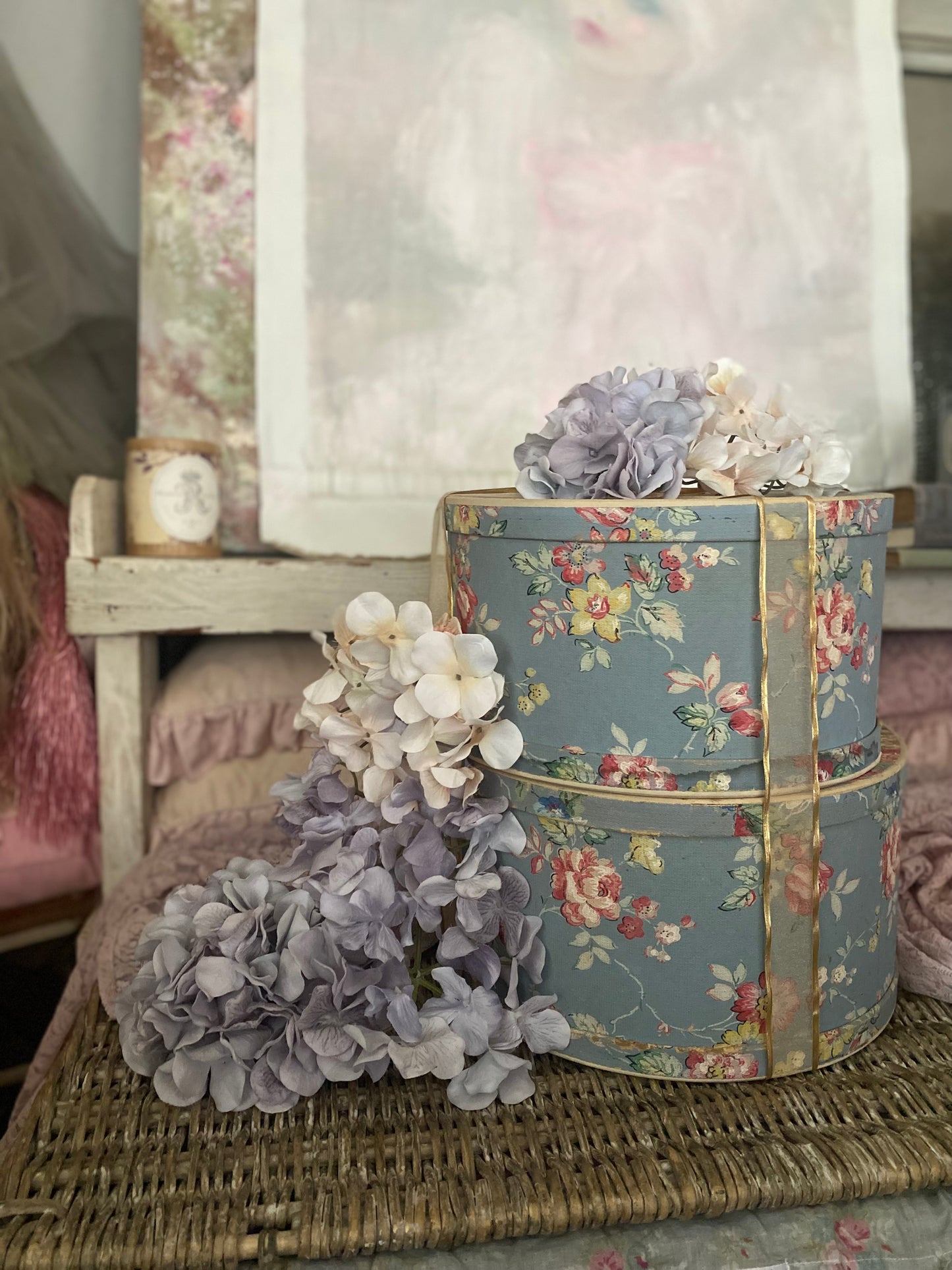 Pair Vintage Blue Floral Wallpaper Hat Boxes