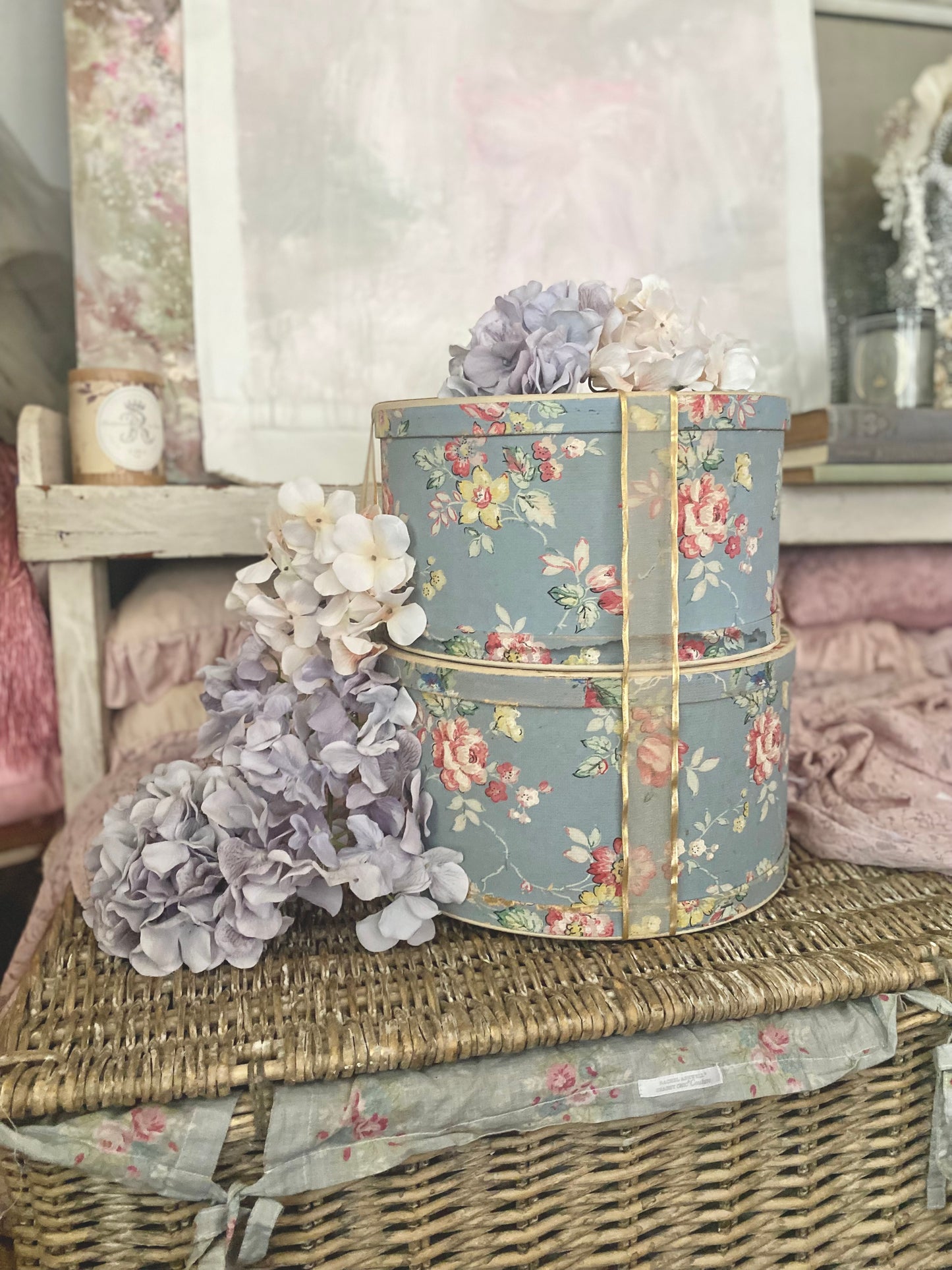 Pair Vintage Blue Floral Wallpaper Hat Boxes