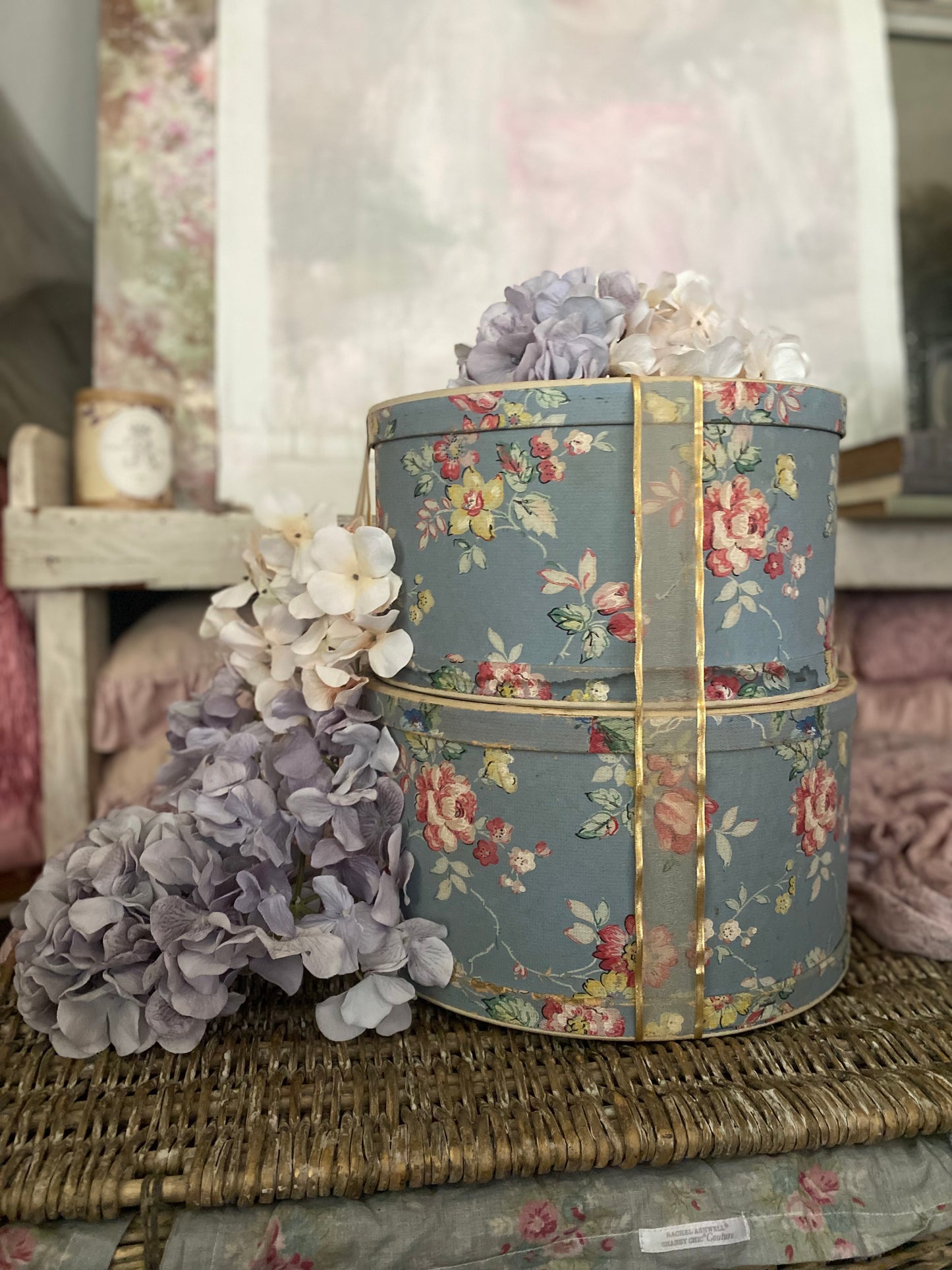 Pair Vintage Blue Floral Wallpaper Hat Boxes