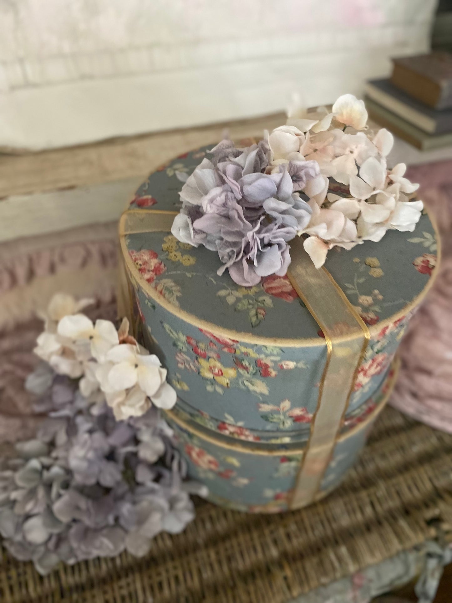 Pair Vintage Blue Floral Wallpaper Hat Boxes