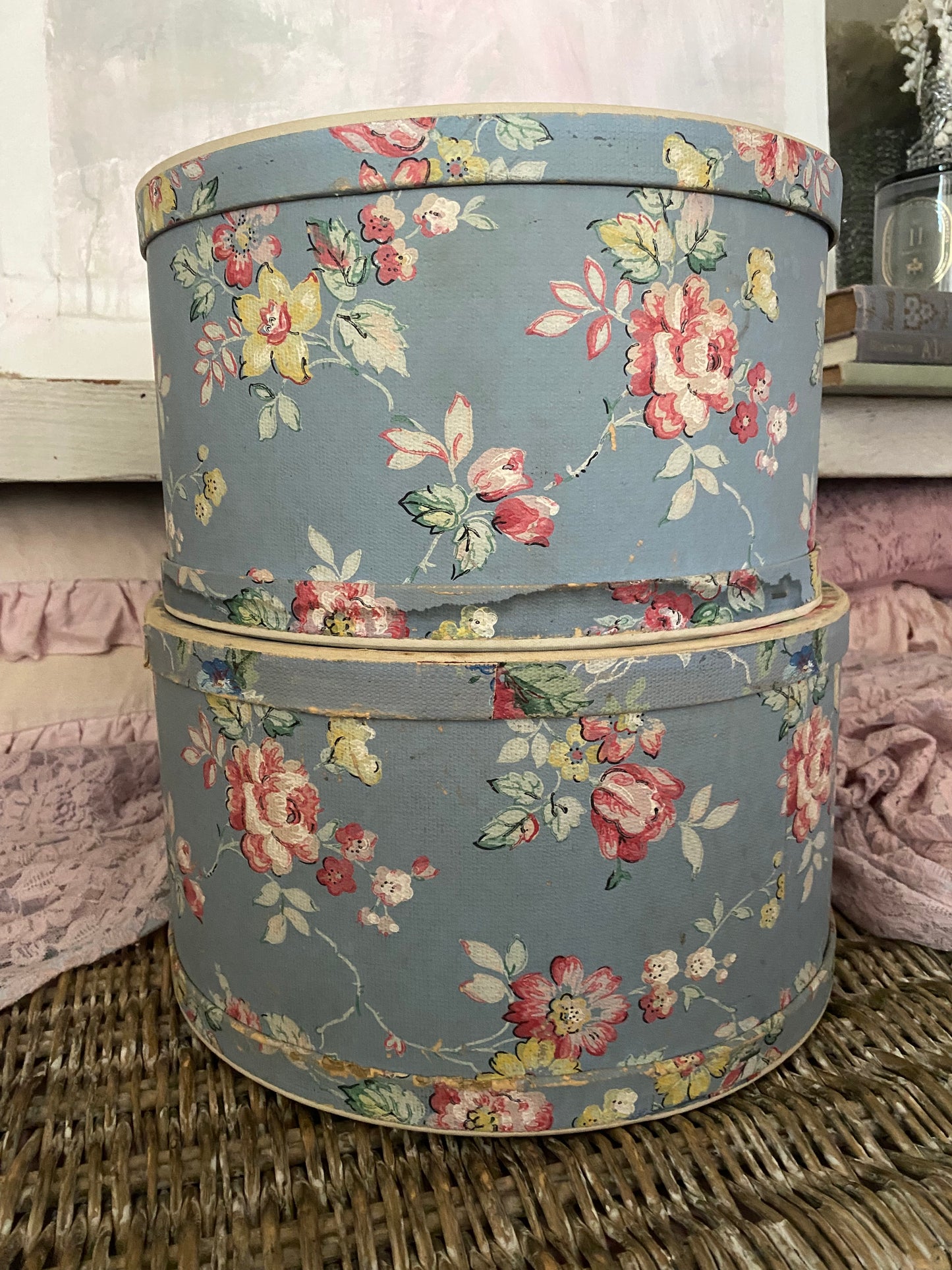 Pair Vintage Blue Floral Wallpaper Hat Boxes