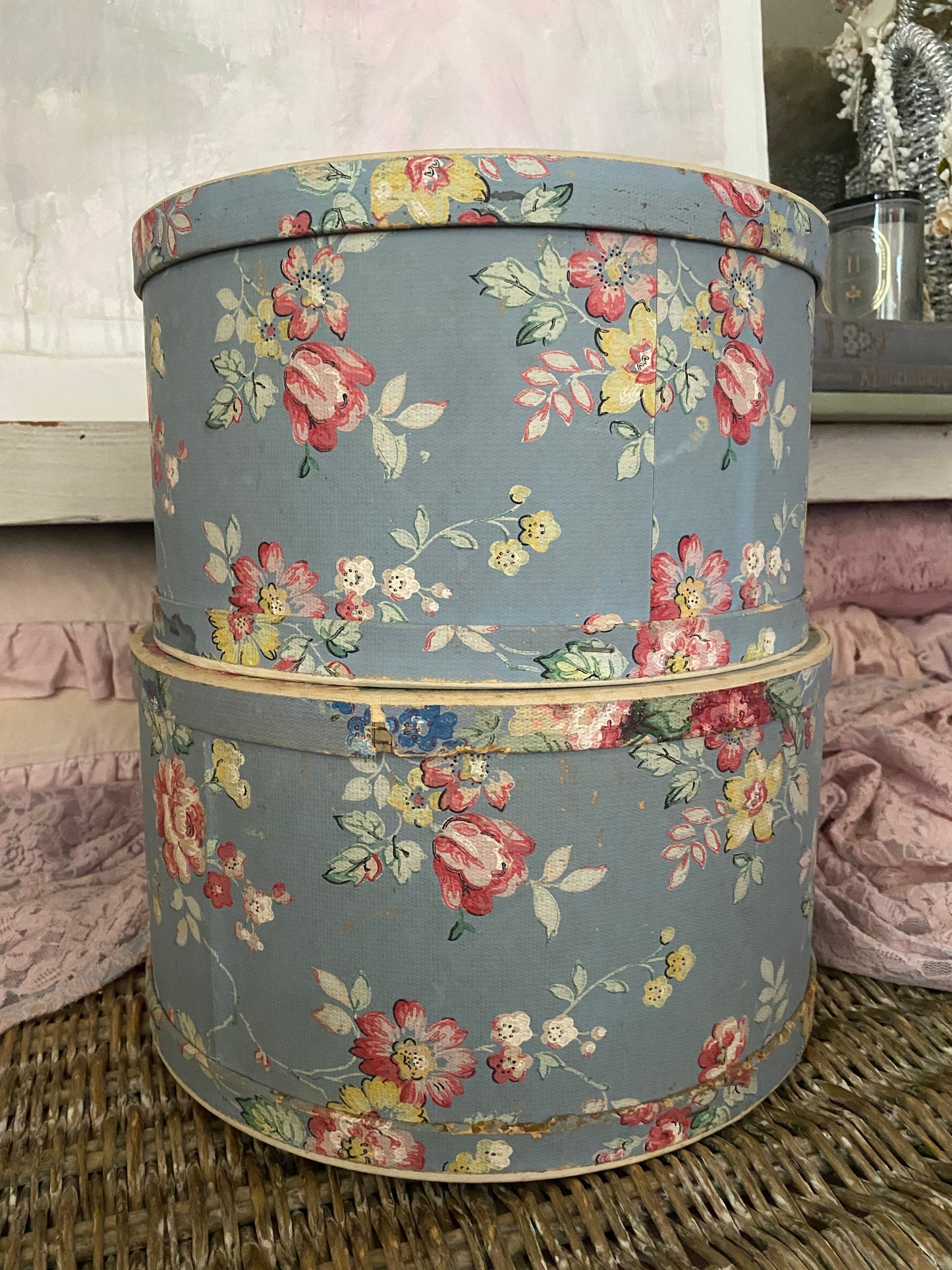 Pair Vintage Blue Floral Wallpaper Hat Boxes