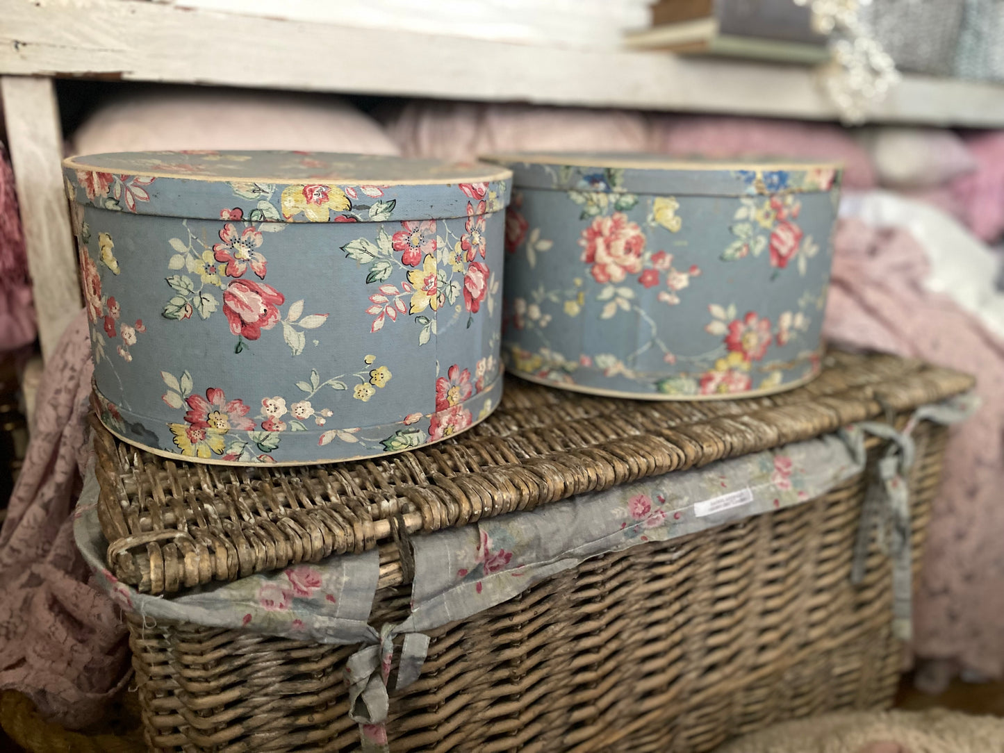 Pair Vintage Blue Floral Wallpaper Hat Boxes