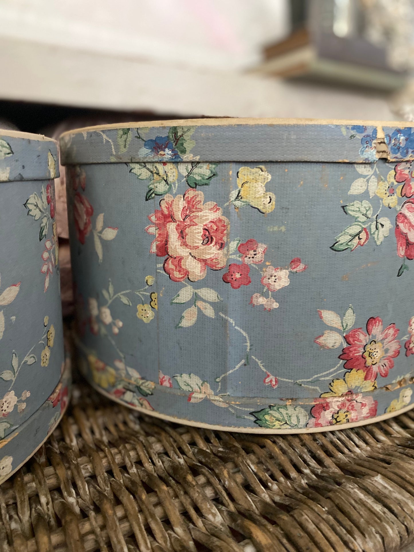 Pair Vintage Blue Floral Wallpaper Hat Boxes