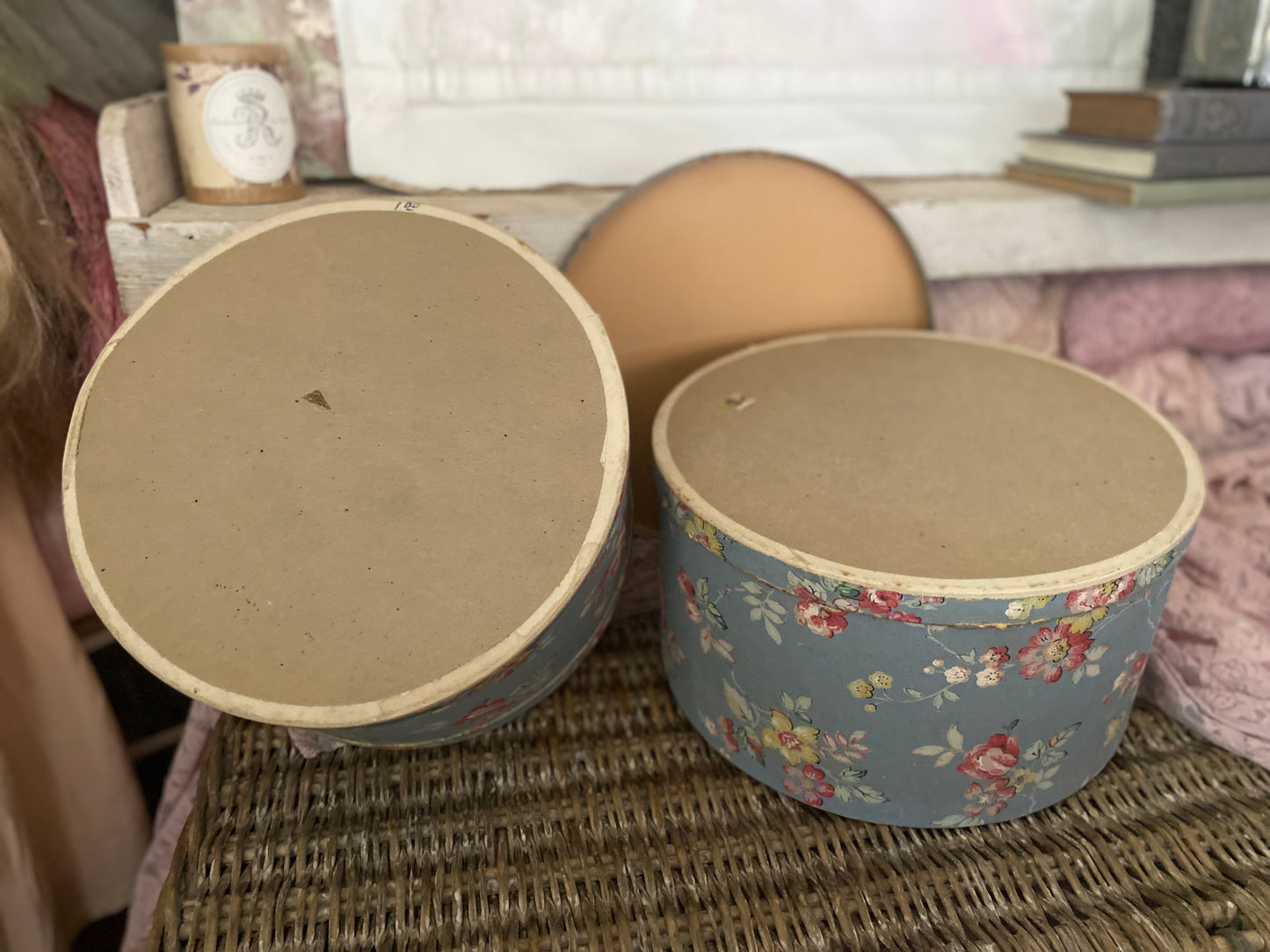 Pair Vintage Blue Floral Wallpaper Hat Boxes