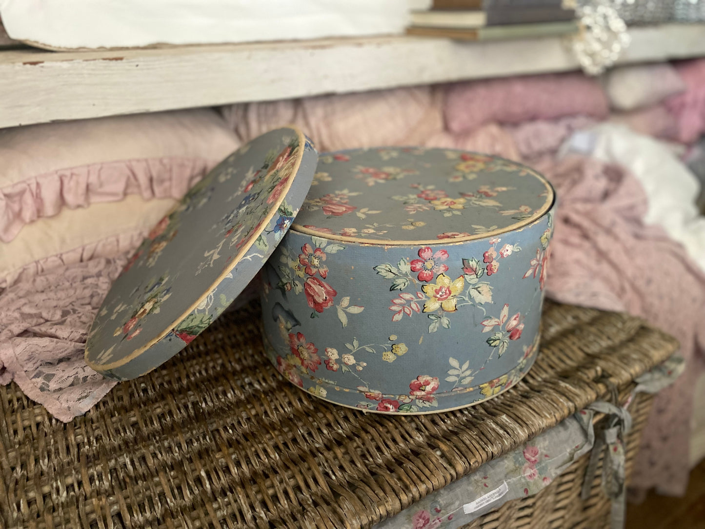 Pair Vintage Blue Floral Wallpaper Hat Boxes
