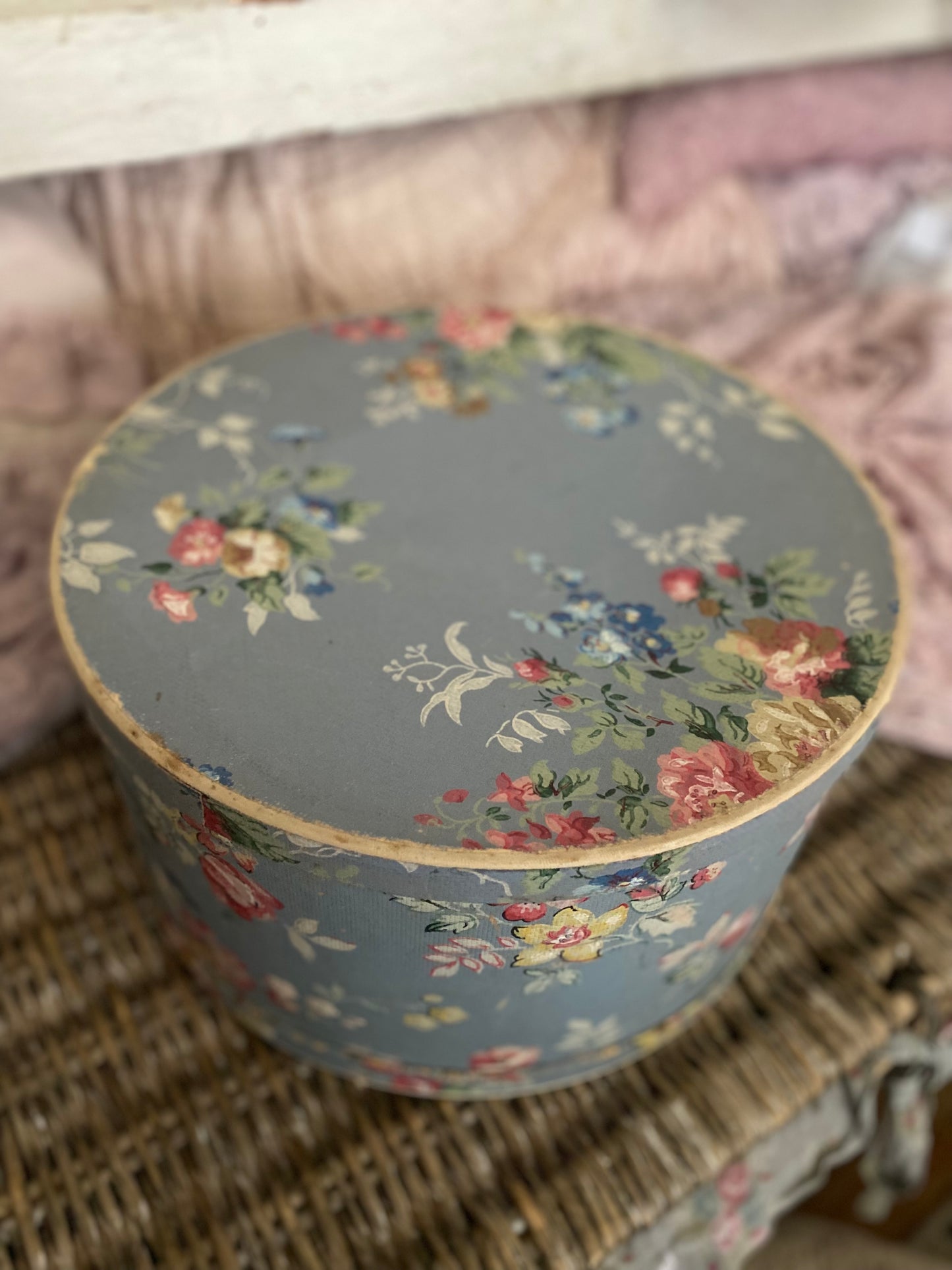 Pair Vintage Blue Floral Wallpaper Hat Boxes