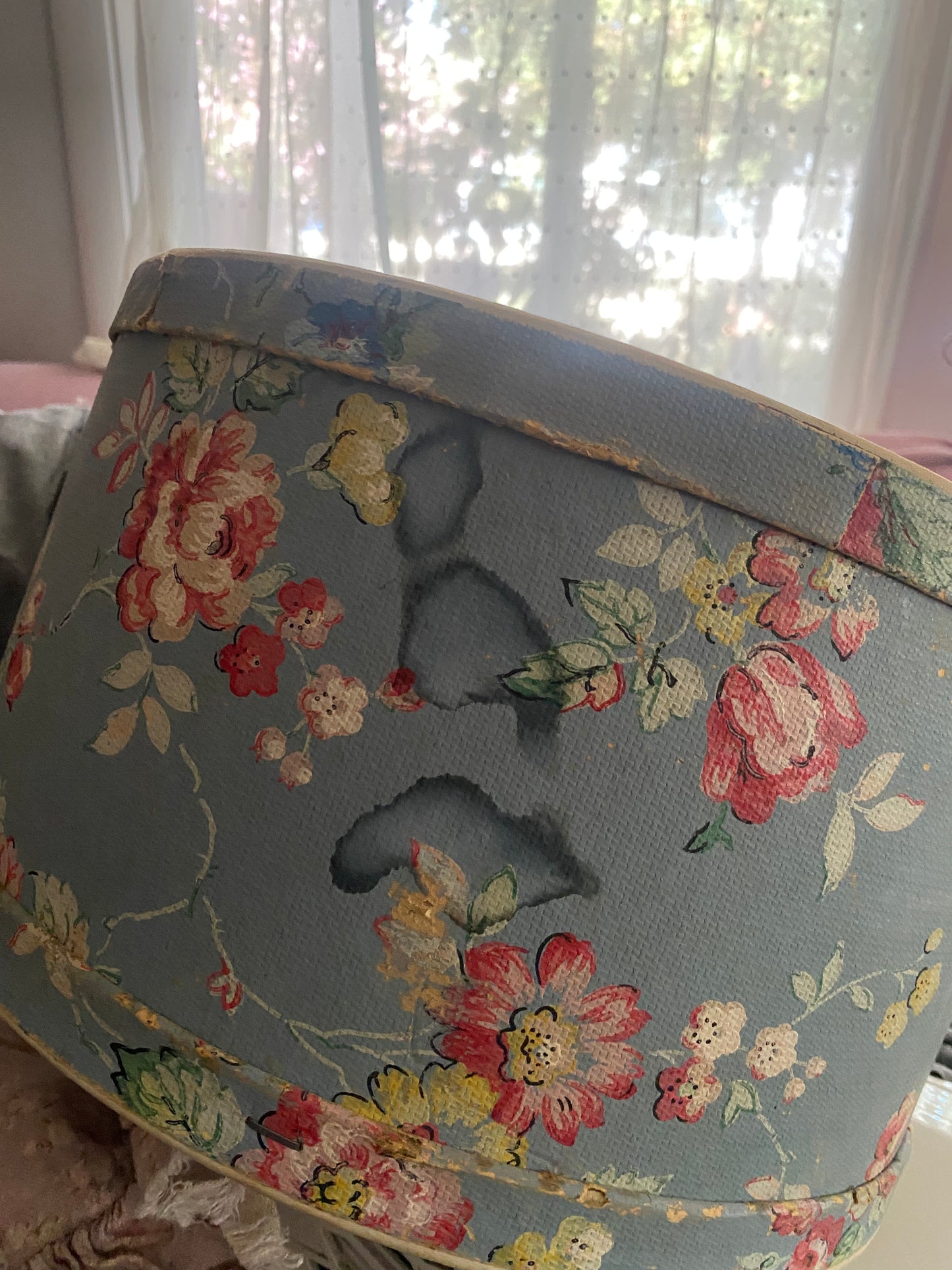 Pair Vintage Blue Floral Wallpaper Hat Boxes