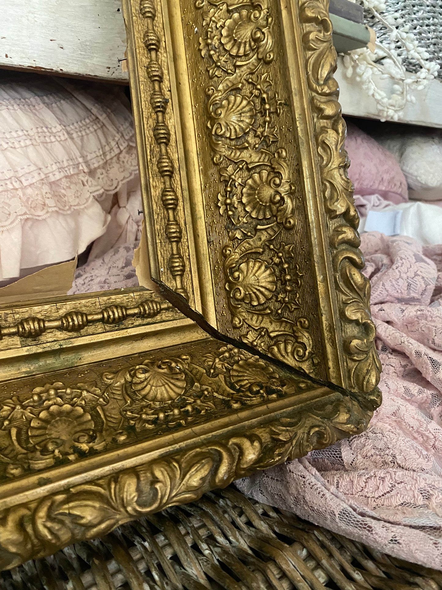 Antique Italian Gold Gesso Shell Frame