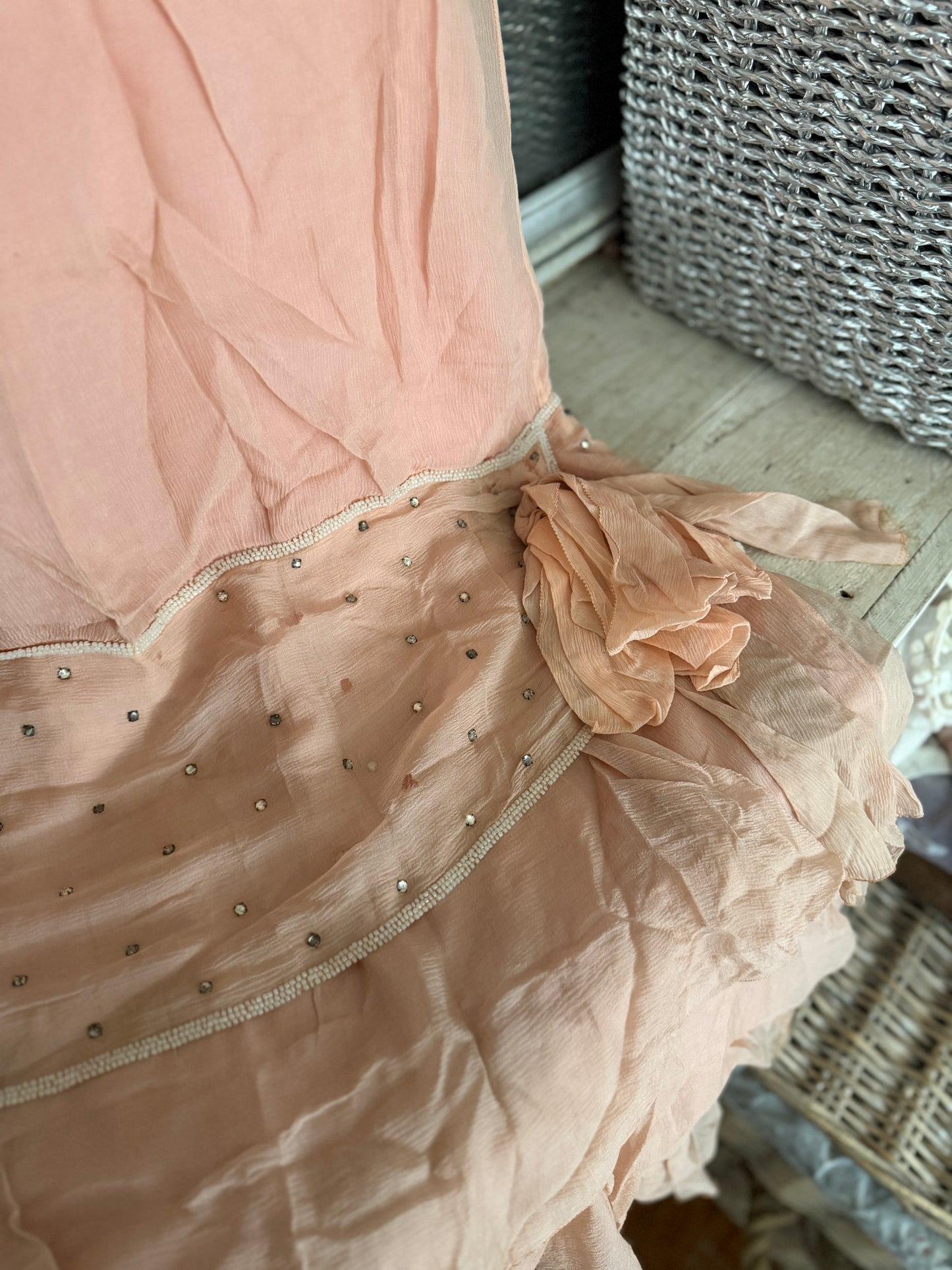 Antique 1920s Pink Silk Rhinestone Dress