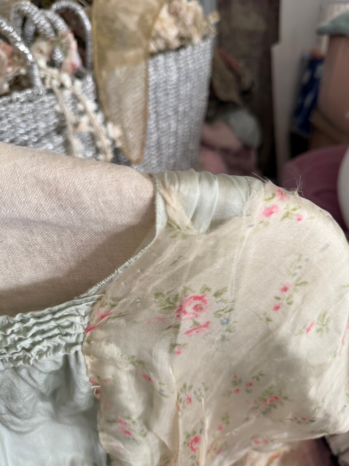 Antique Edwardian Silk Blue Pink Floral Dress