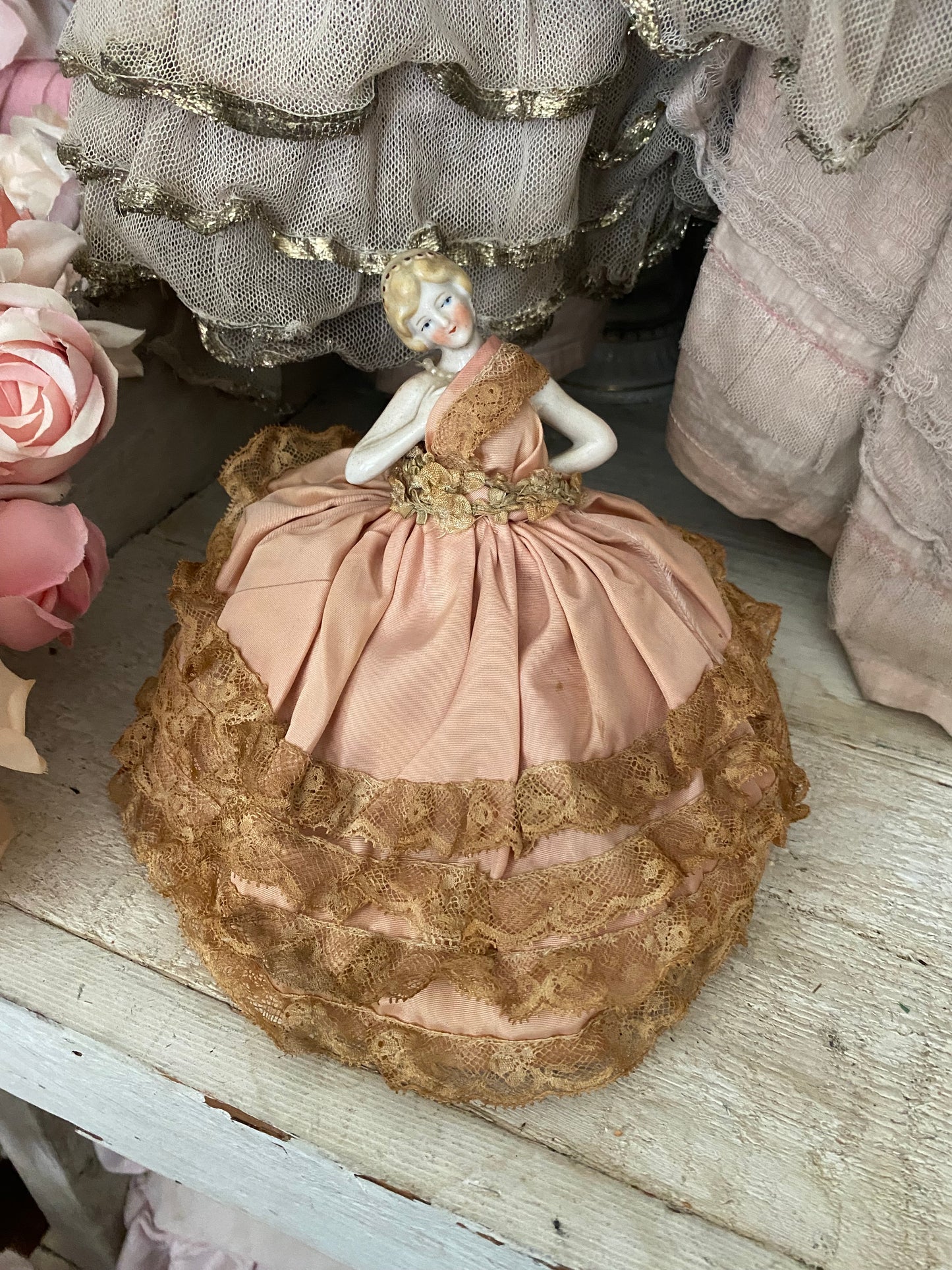 Antique Porcelain Half Doll Pin Cushion Pink Lace Dress