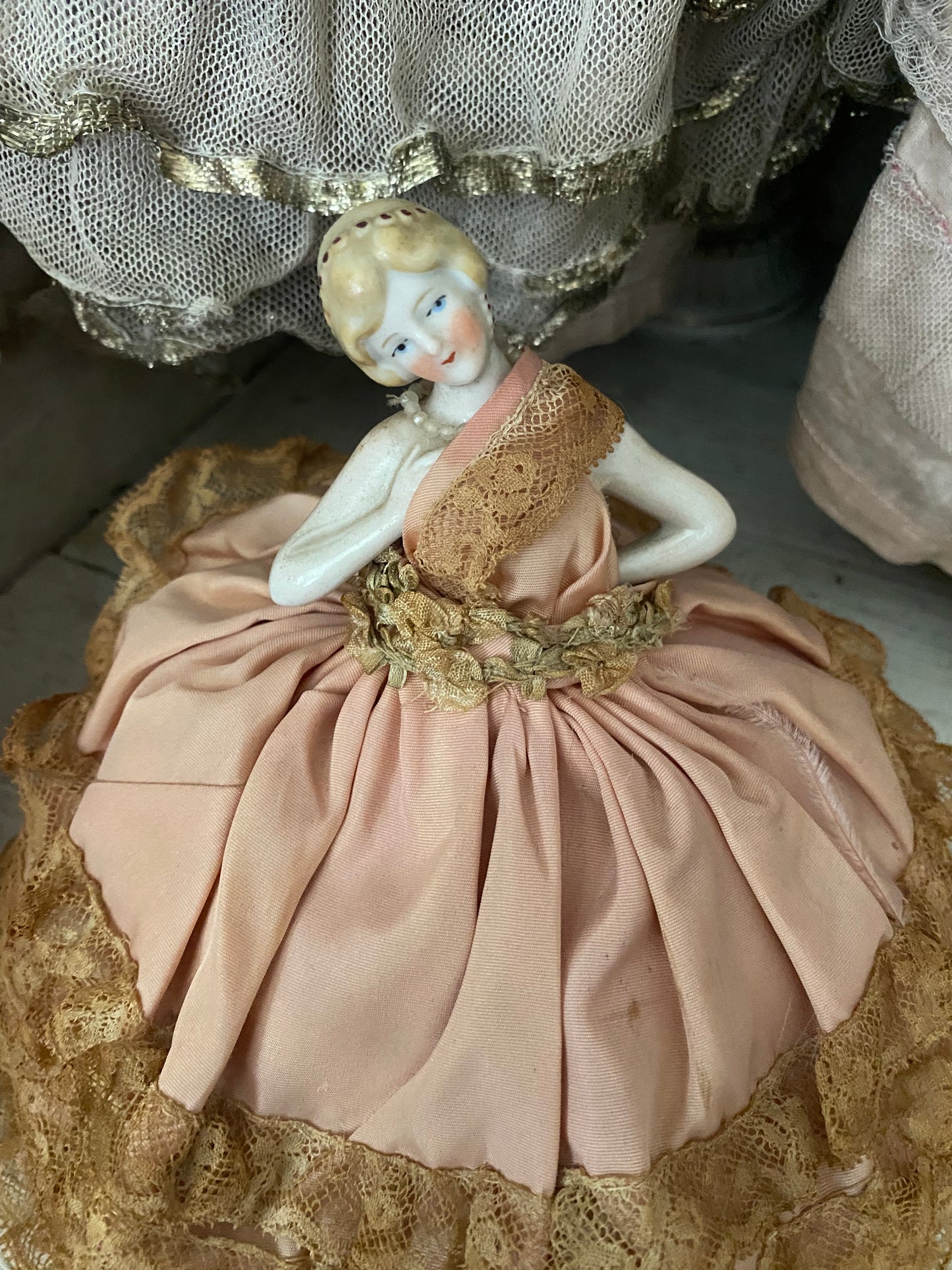 Antique Porcelain Half Doll Pin Cushion Pink Lace Dress