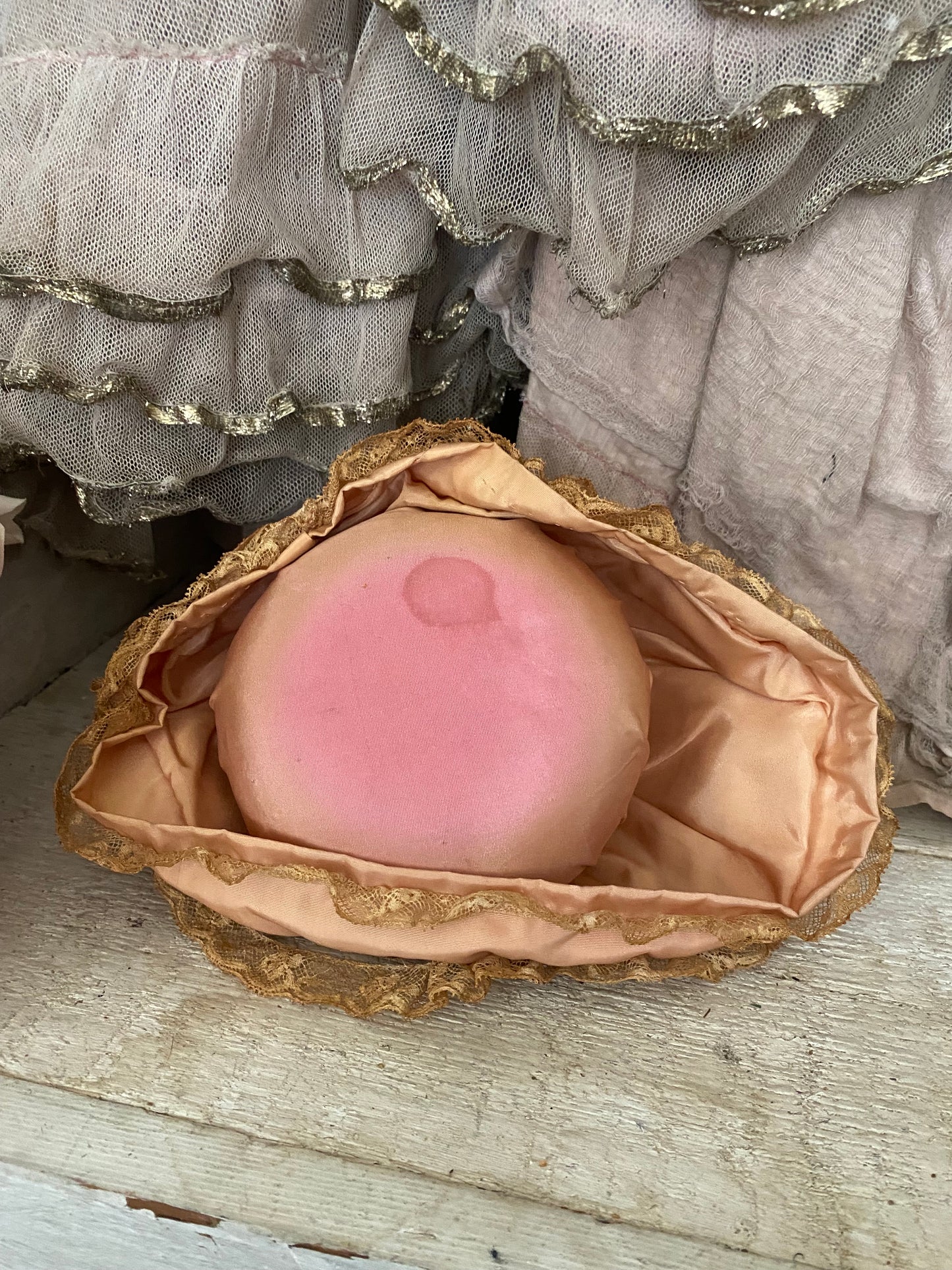 Antique Porcelain Half Doll Pin Cushion Pink Lace Dress