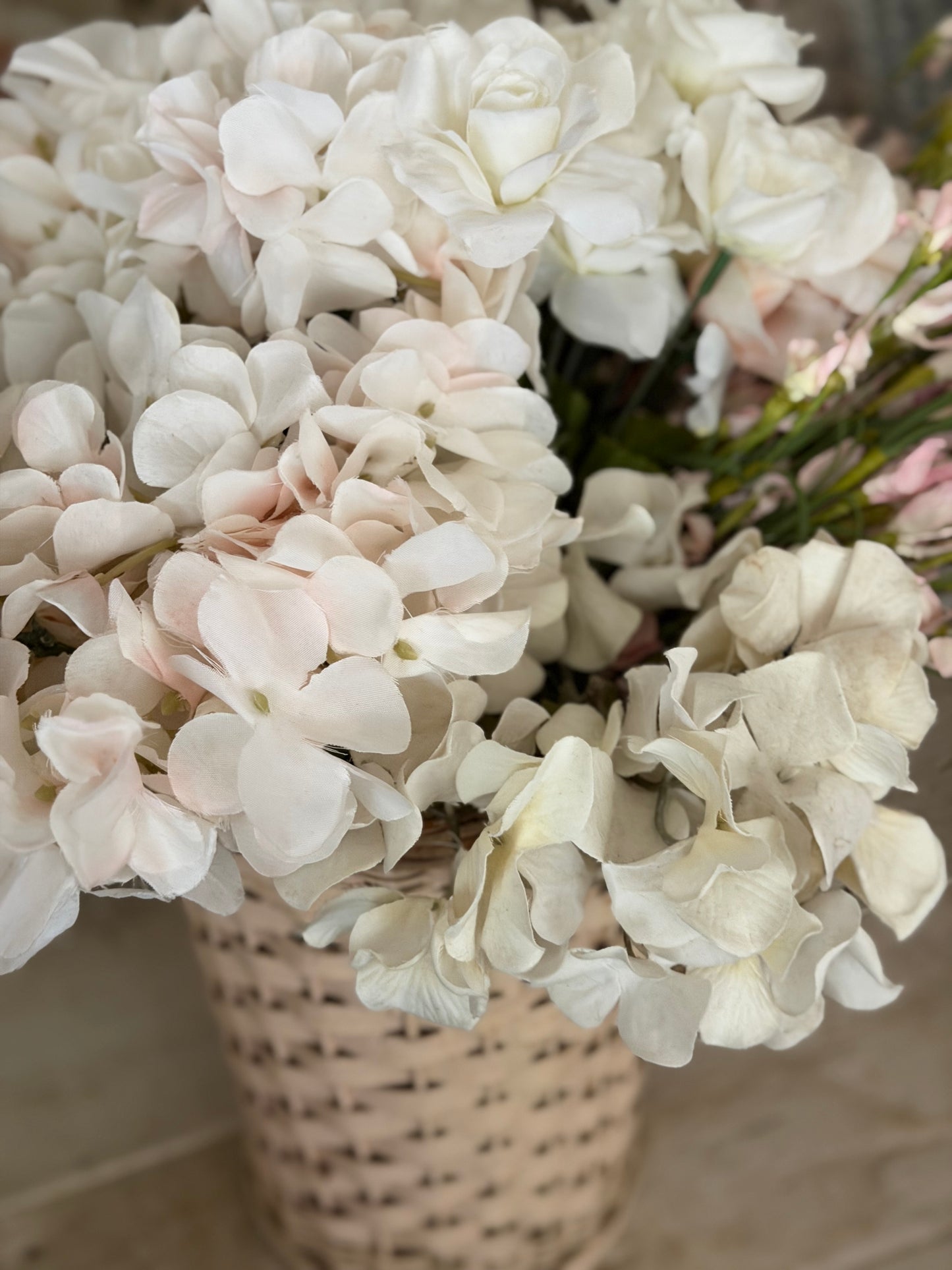 Vintage Pink Wicker Basket Bucket With Roses Flowers