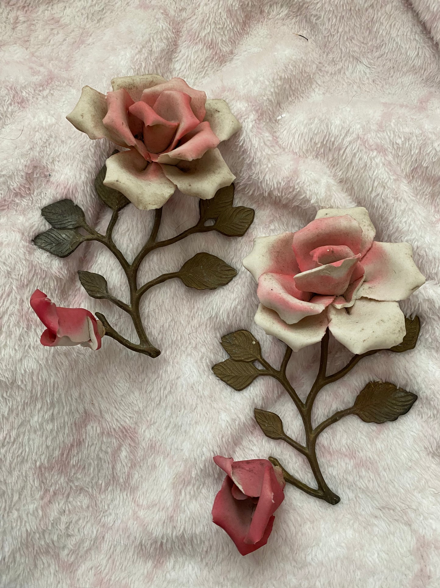 Pair Vintage Pink Bisque Roses