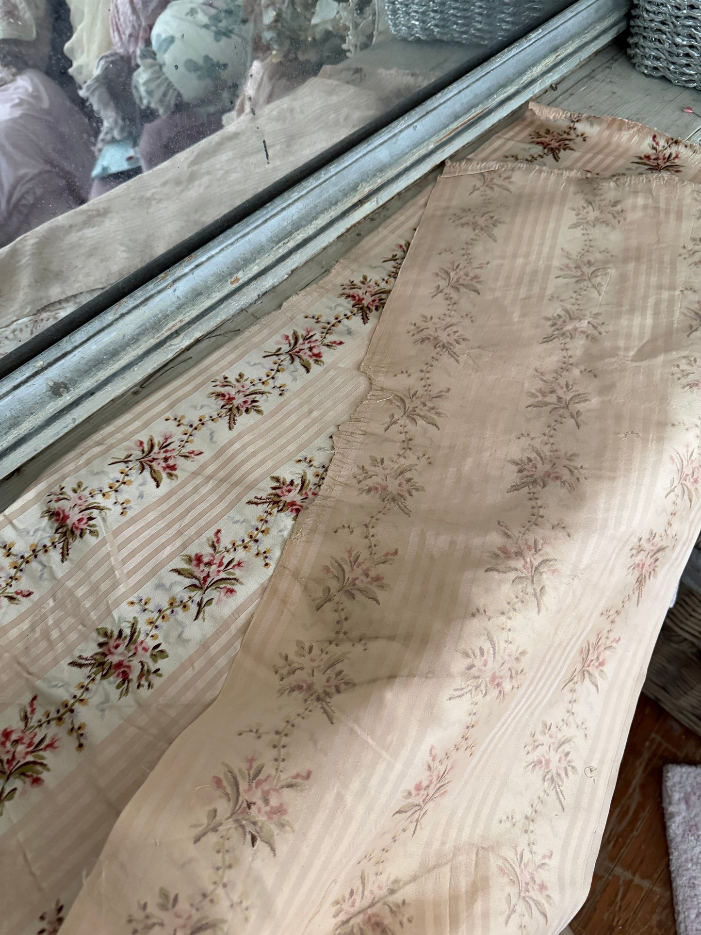 RARE Antique 18th Lyon Silk Pink Ribbon Rose Yardage From Gown