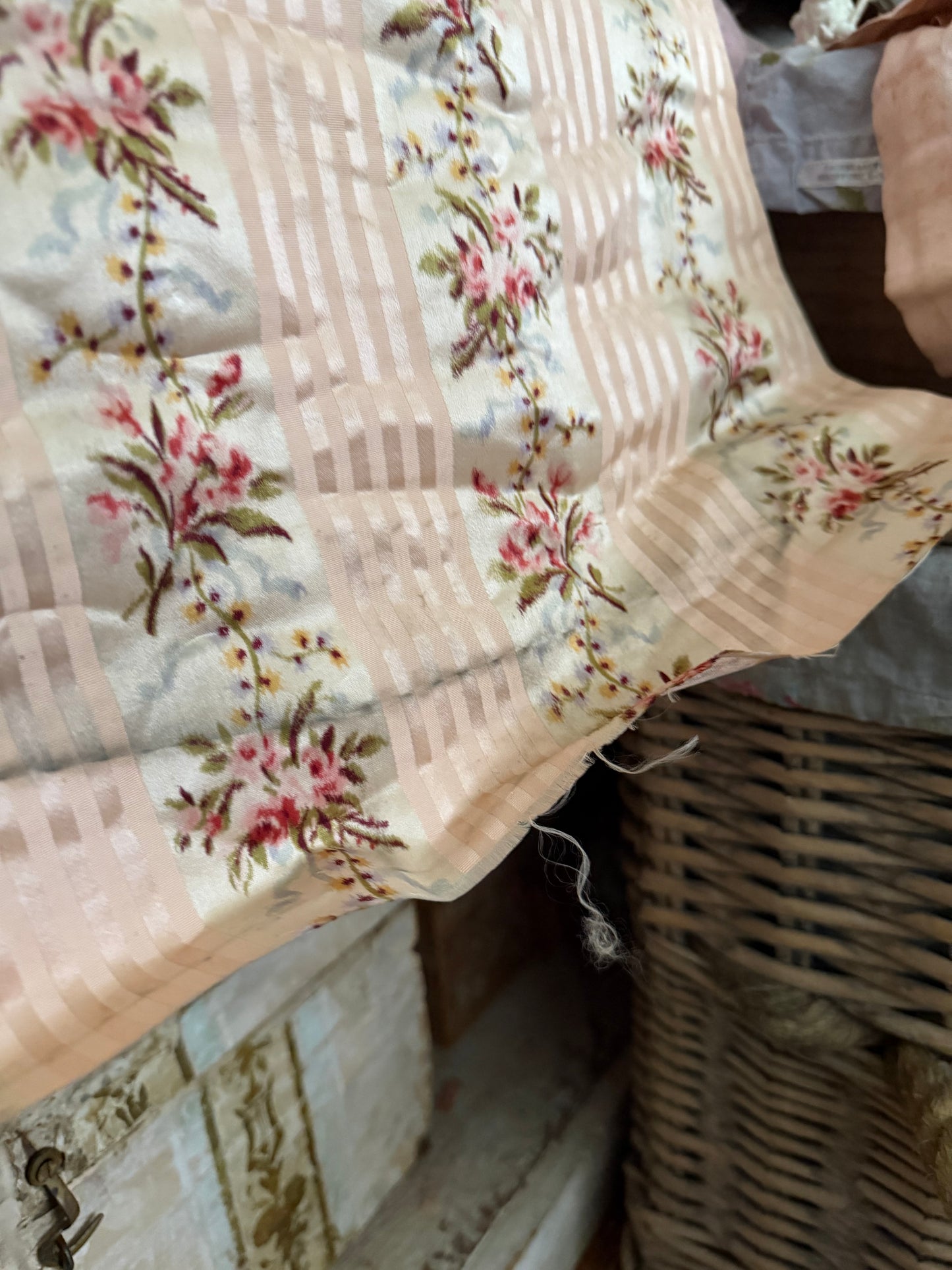 RARE Antique 18th Lyon Silk Pink Ribbon Rose Yardage From Gown