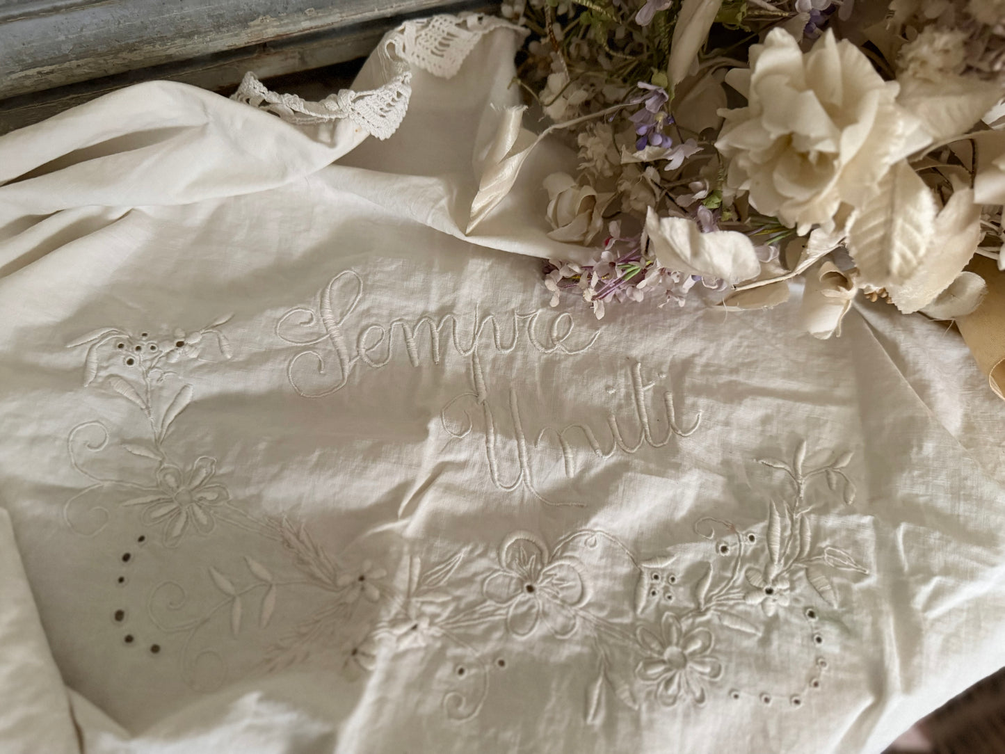 Antique Italian Embroidered Lace Pillow Top "ALWAYS TOGETHER"