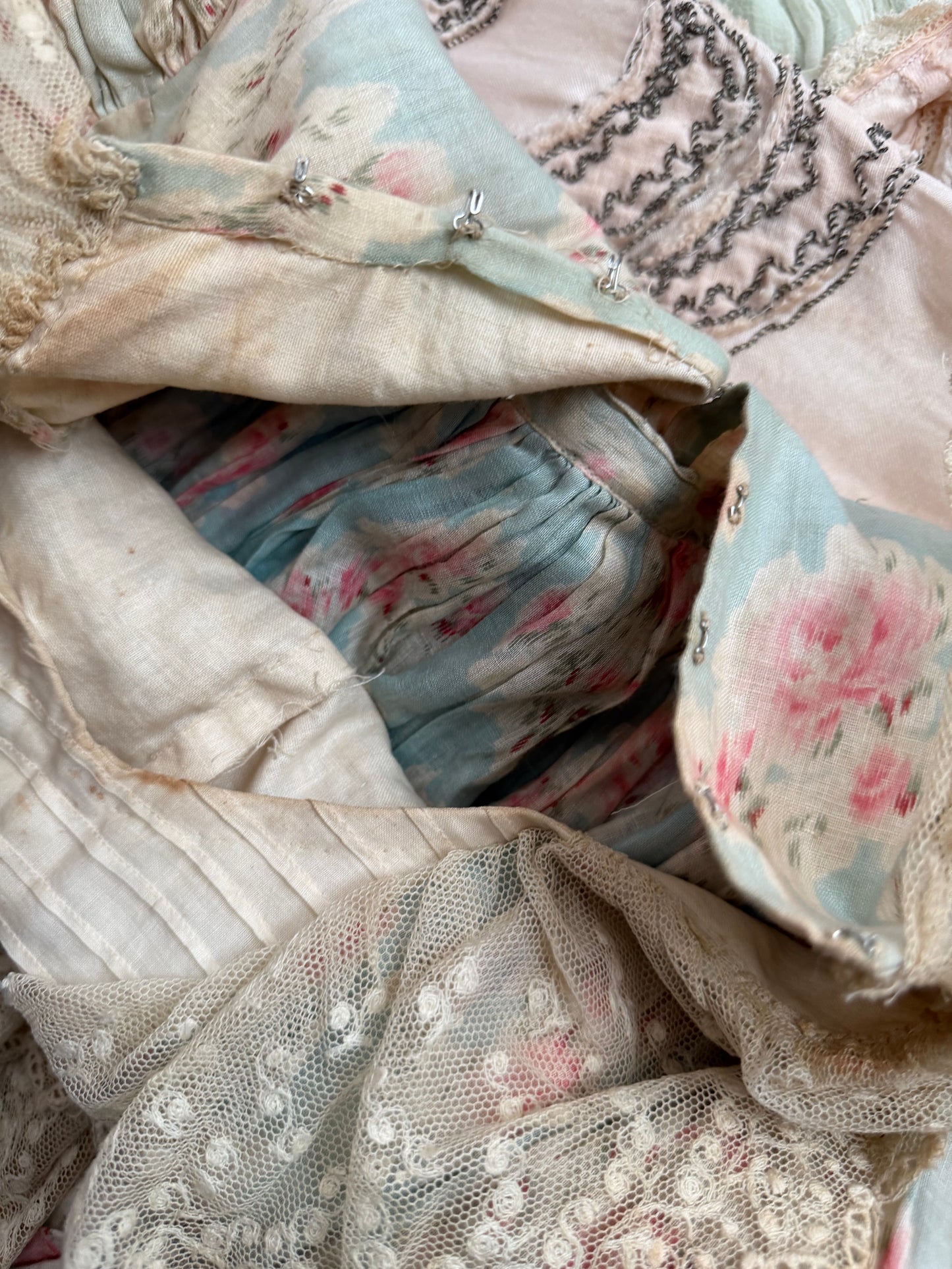 Antique Watered Pink Rose On Blue 2pc Rococo Gown