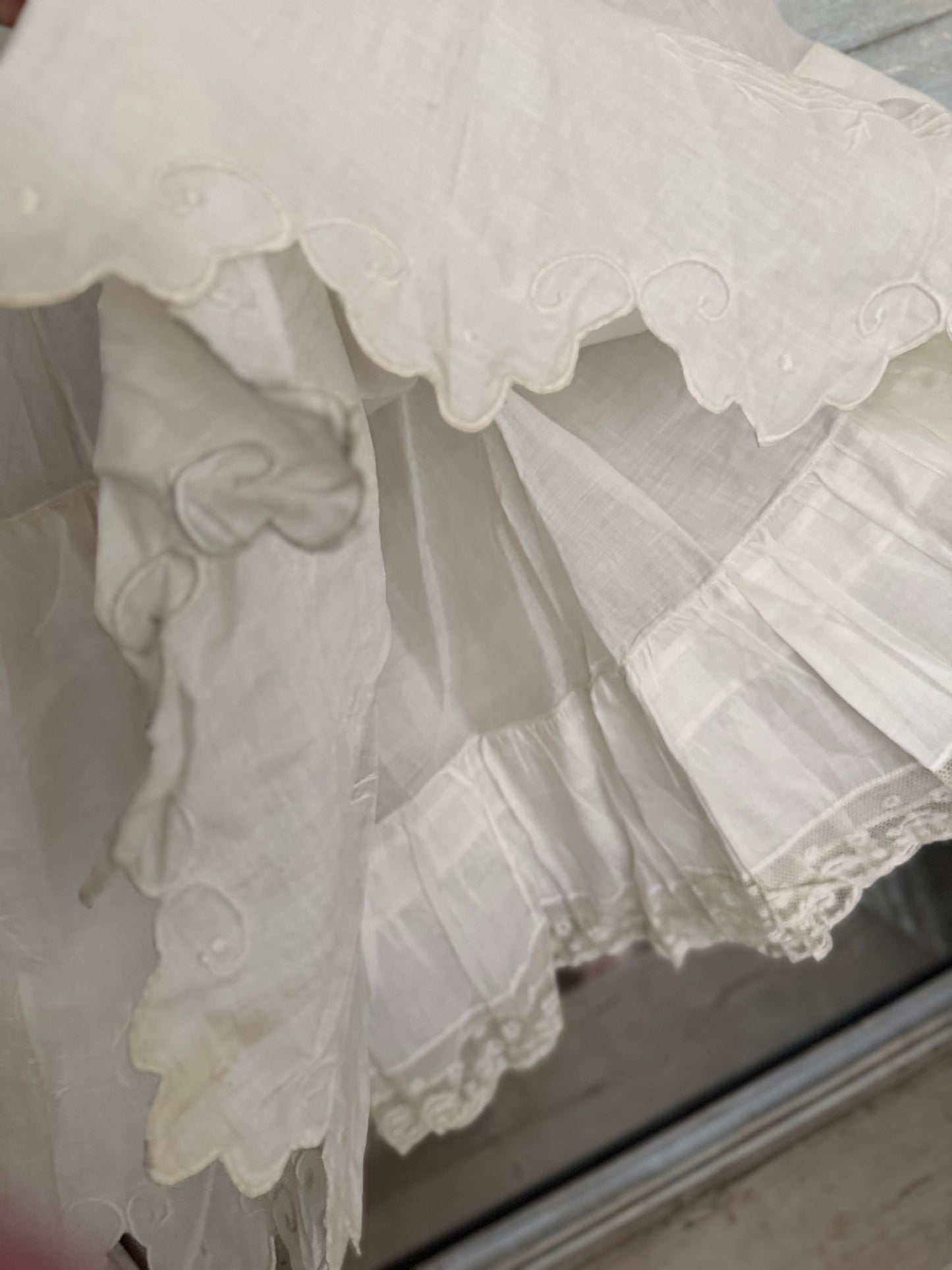 Antique Victorian White Embroidered Floral Lace Petticoat