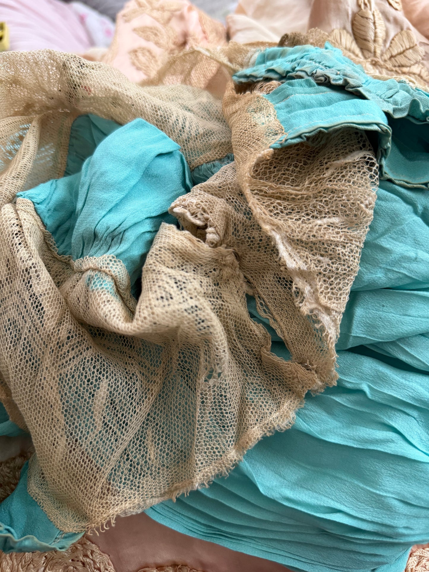 RARE Antique 1920's Teal Blue Silk Ribbonwork Nightgown