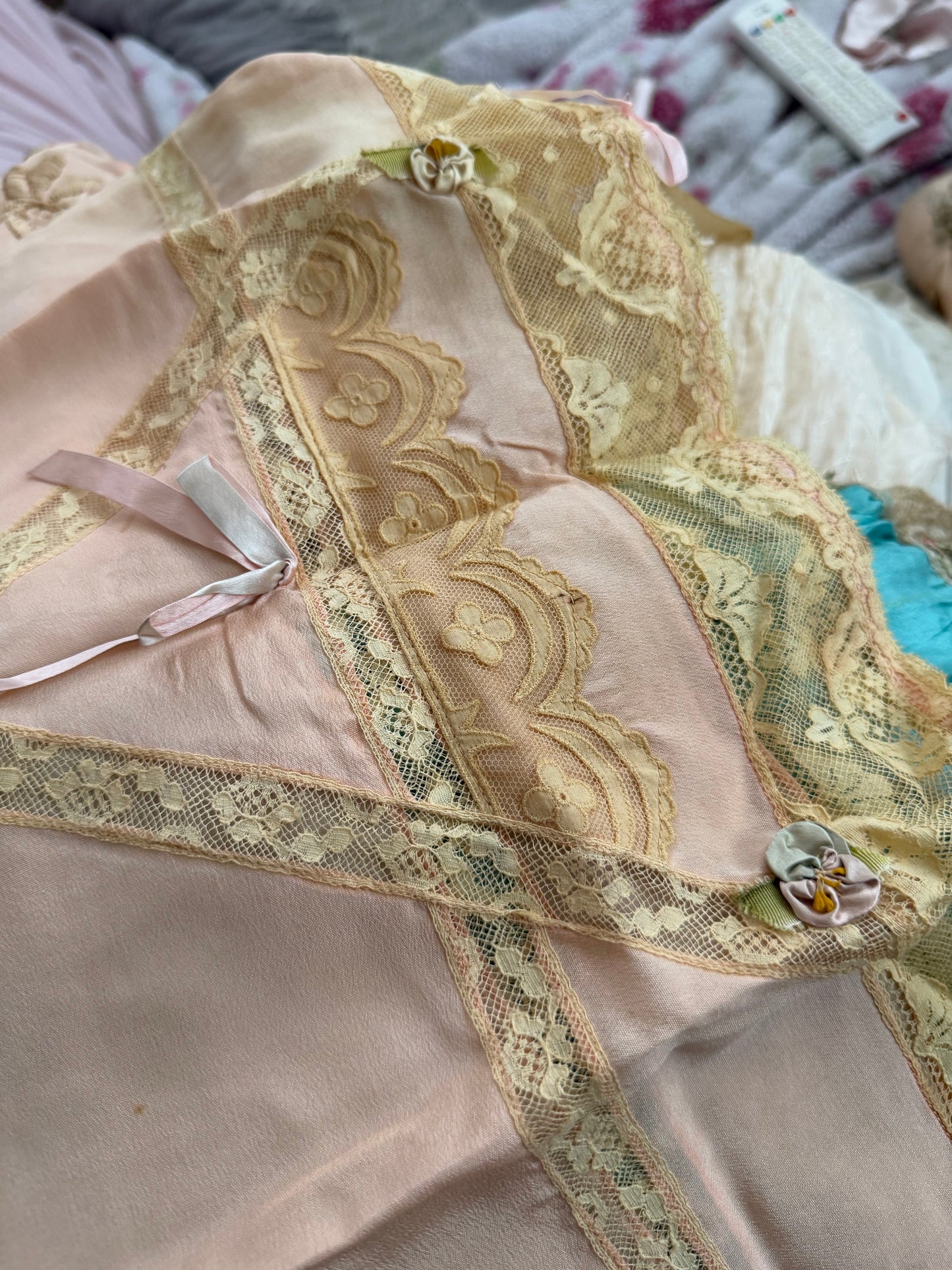 Antique 1920's Pink Silk Ribbonwork Lace Teddy