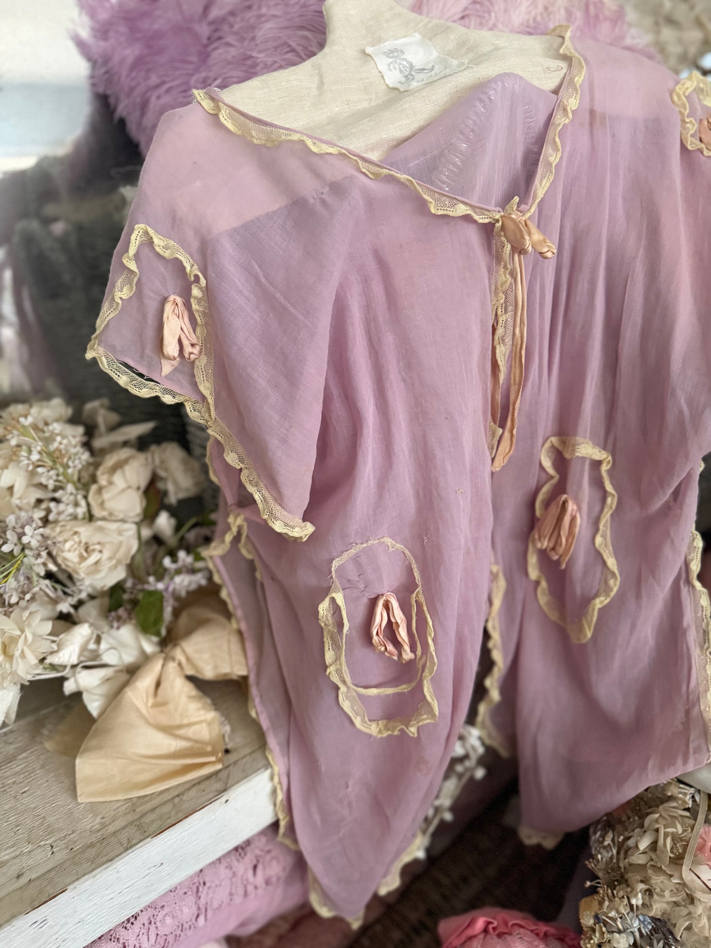 Antique Lavender Lace Pink Silk Ribbon Bed Jacket