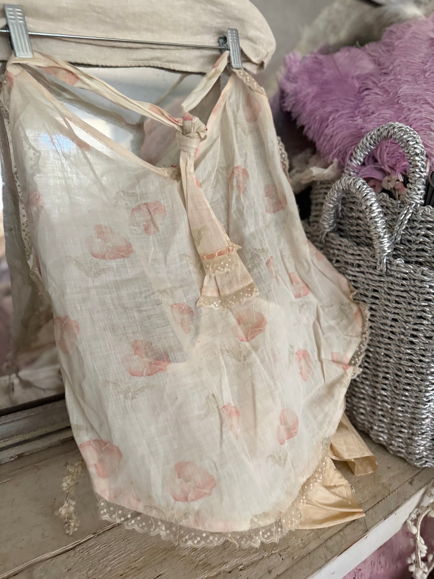 Antique Apron Skirt Pink Silk Ribbon Bows Lace