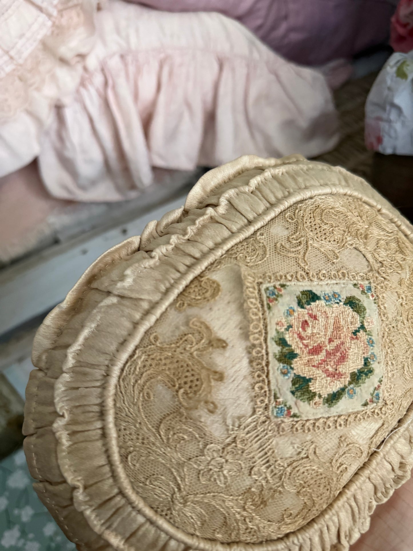 Stunning Antique Petite Rose Needlepoint Faded Pink Ruched Cushion