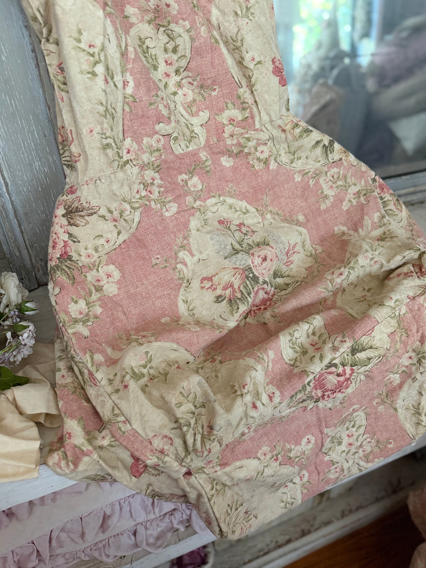 Set 2 Vintage Shabby Chic Pink Rose Linen Fabric Chair Slipcovers