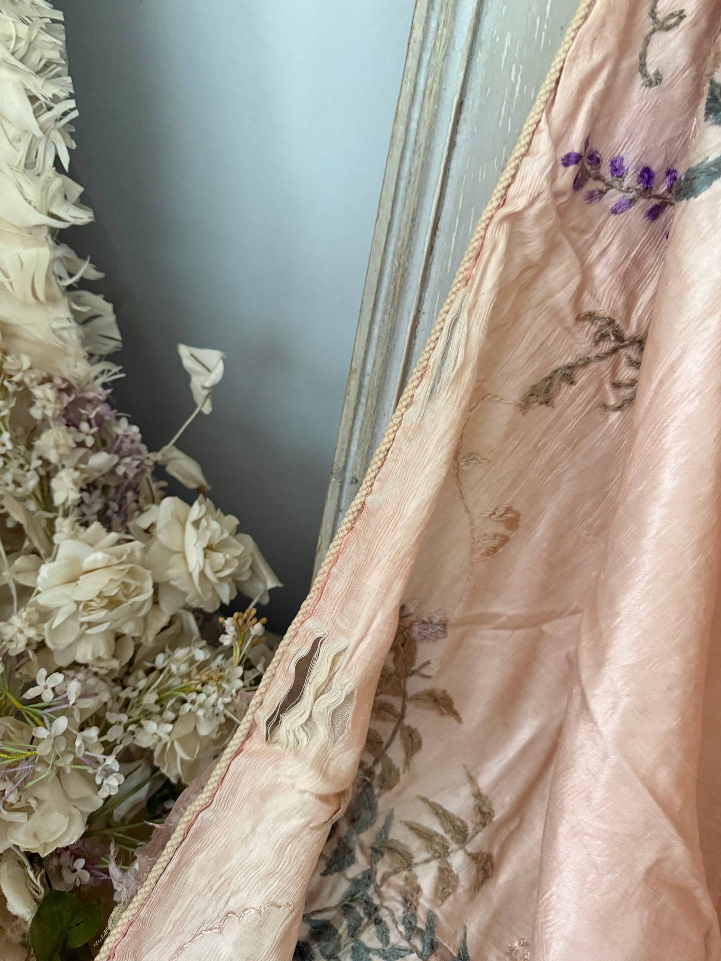 Antique Pink Silk Embroidered Boudoir Throw
