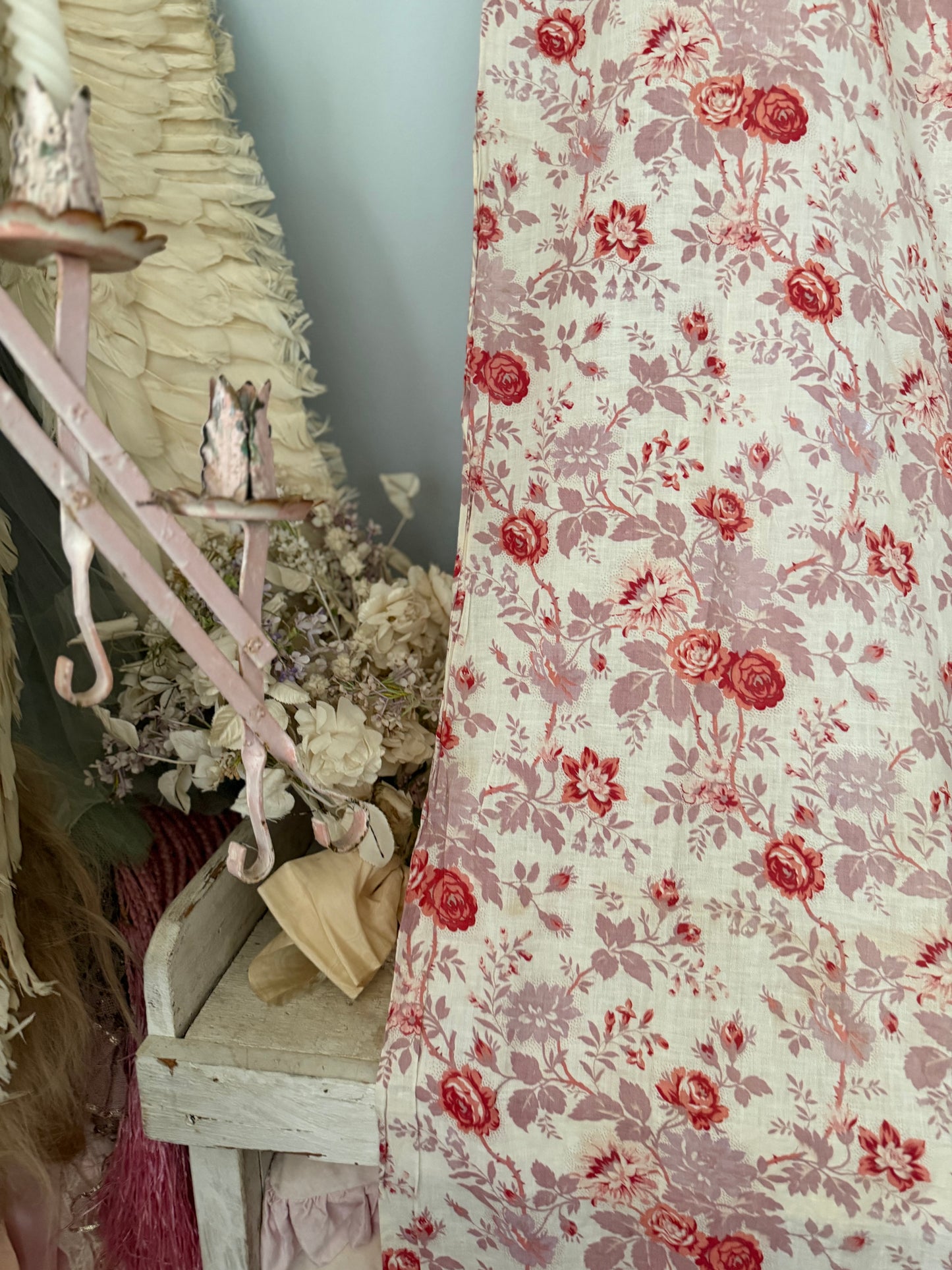 Antique French Fabric Panel Red Mauve Roses