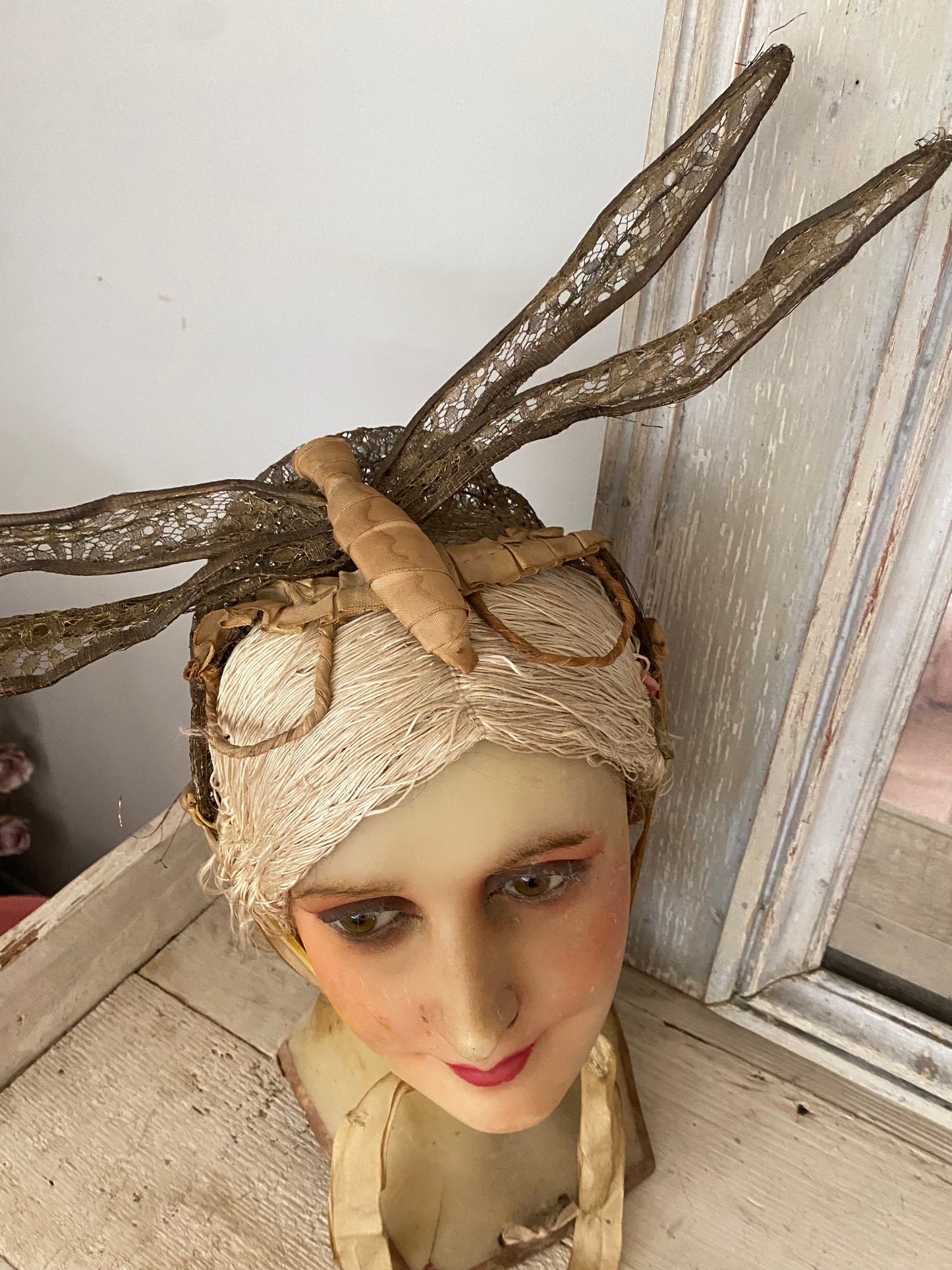 Antique 1920's Gold Lame Lace Dragonfly Headdress
