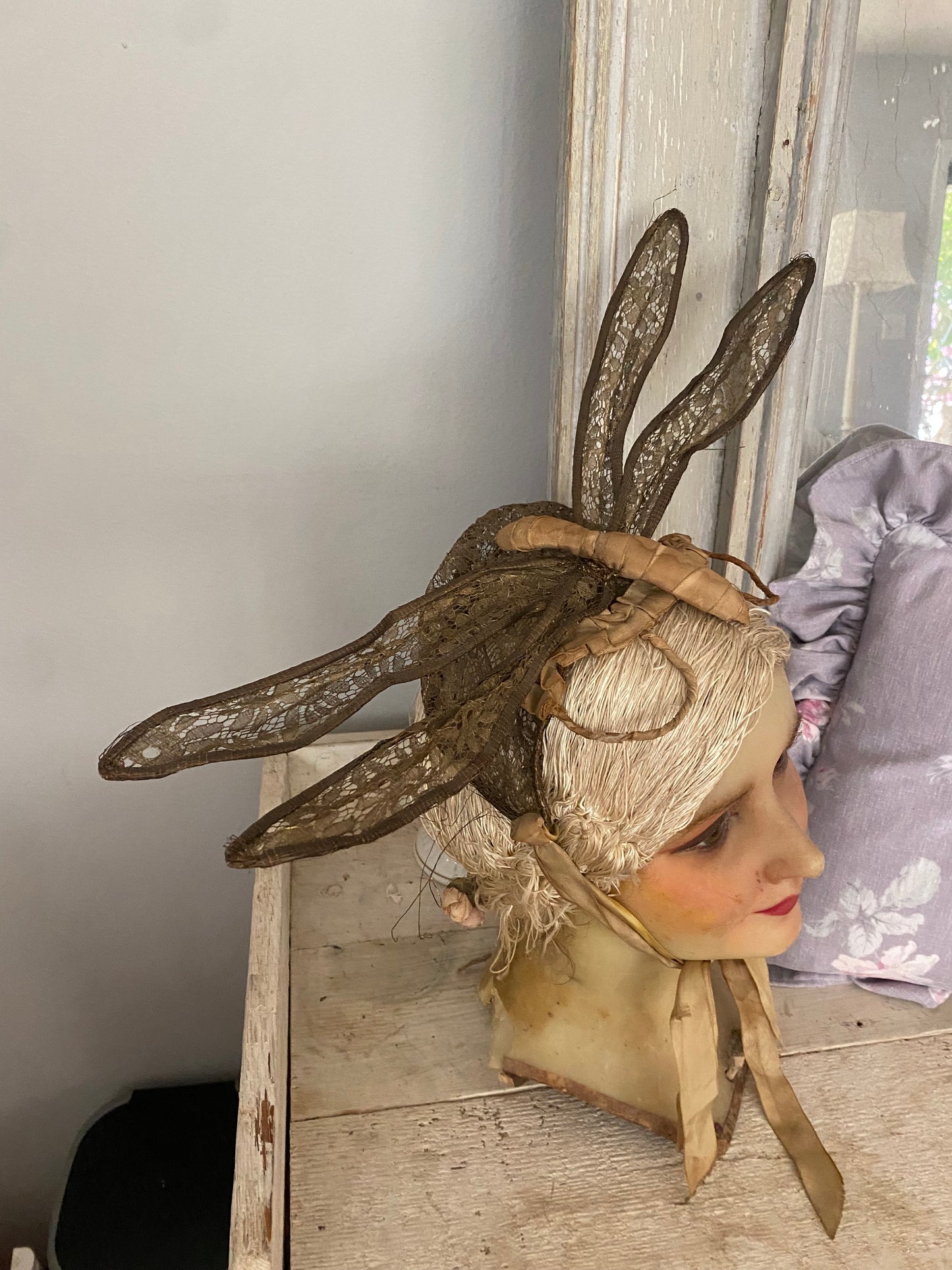 Antique 1920's Gold Lame Lace Dragonfly Headdress