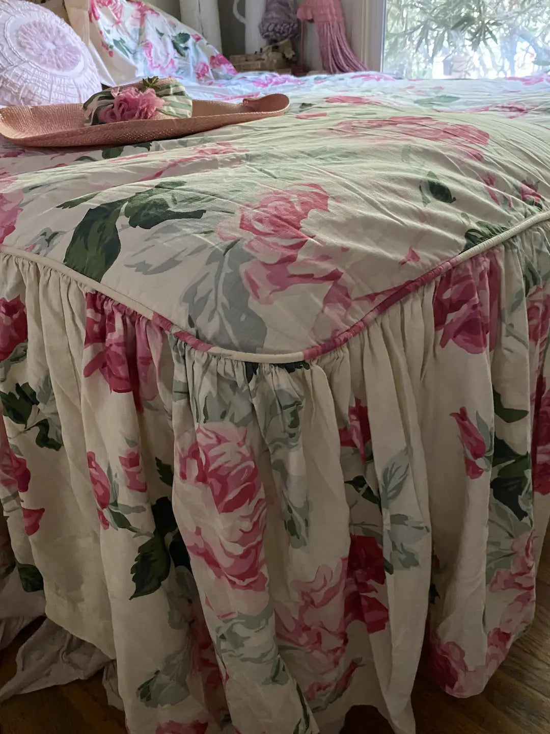 Vintage Bedroom Set Pink Roses Ruffled Coverlet Curtains Bed Canopy Drapes