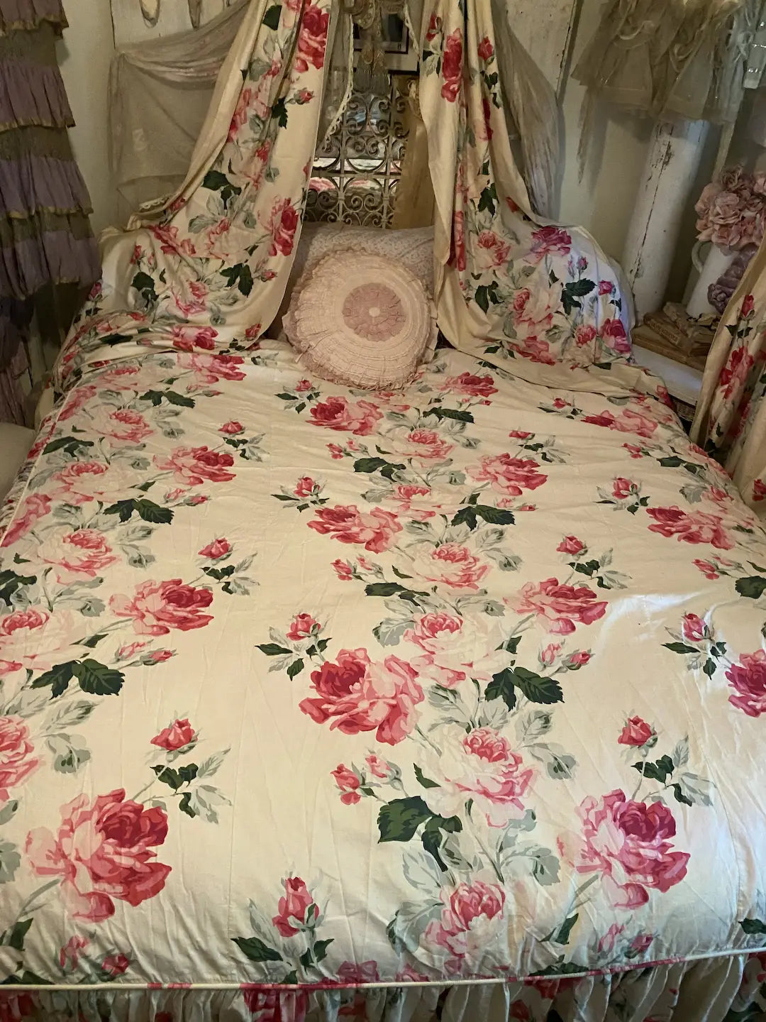 Vintage Bedroom Set Pink Roses Ruffled Coverlet Curtains Bed Canopy Drapes