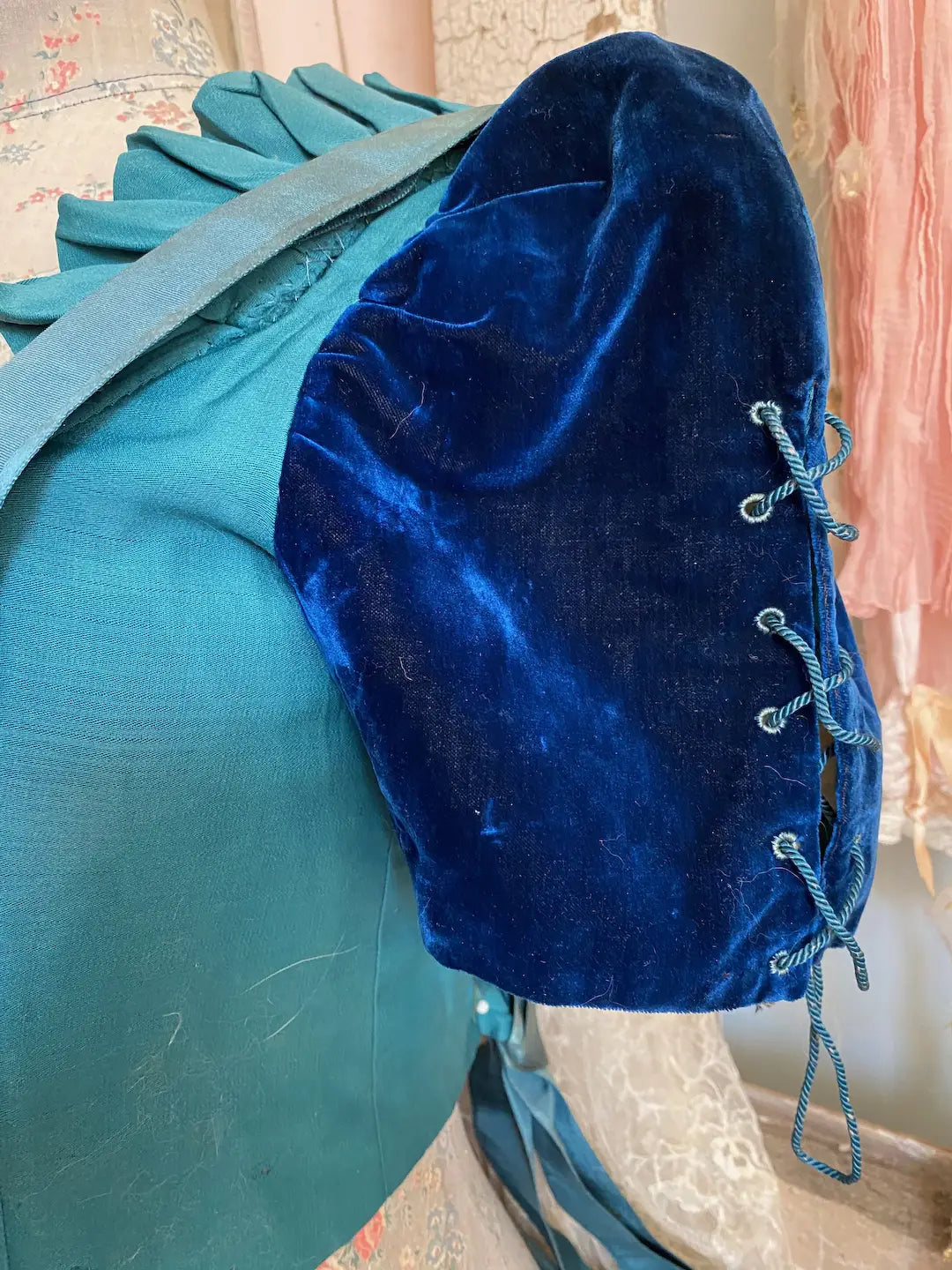 Antique French Bodice Silk Velvet Blue Corset Lace Sleeves