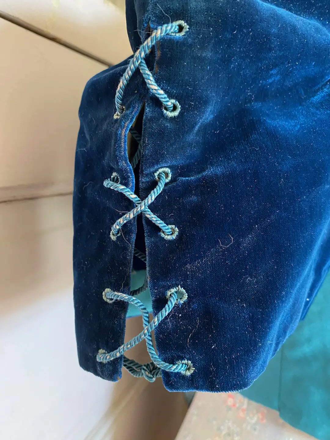 Antique French Bodice Silk Velvet Blue Corset Lace Sleeves